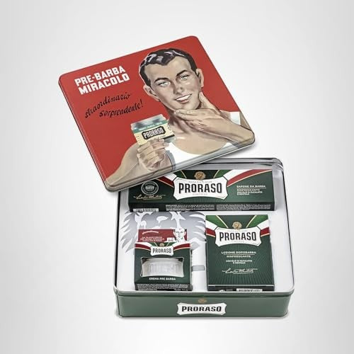 Proraso men's shaving kit with refreshing pre-shave cream and shaving cream, featuring a green and white packaging design.