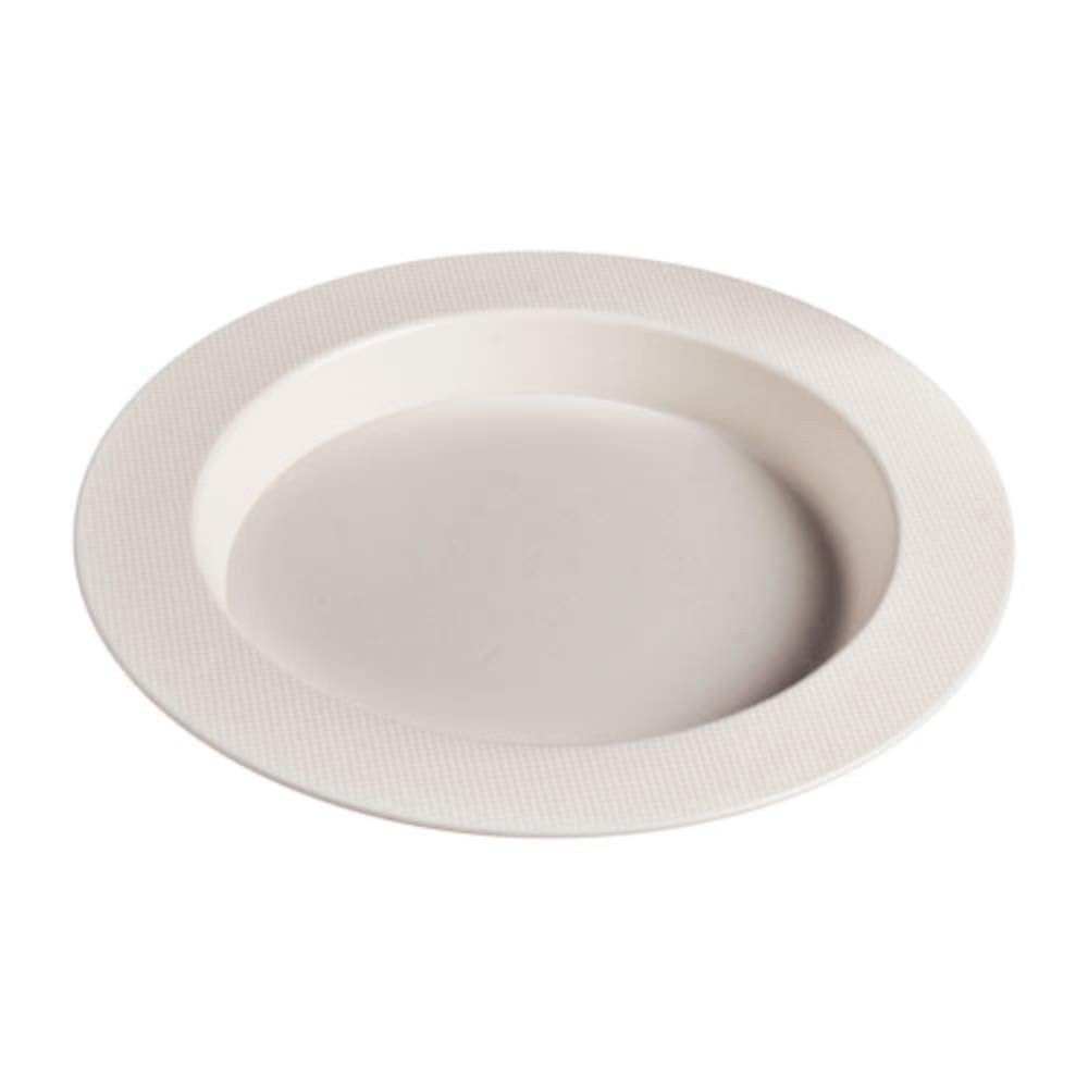 White polycarbonate Ergo Plate by SP Ableware, 9-3/4-inch diameter, showing a durable, lightweight plate with smooth edges.