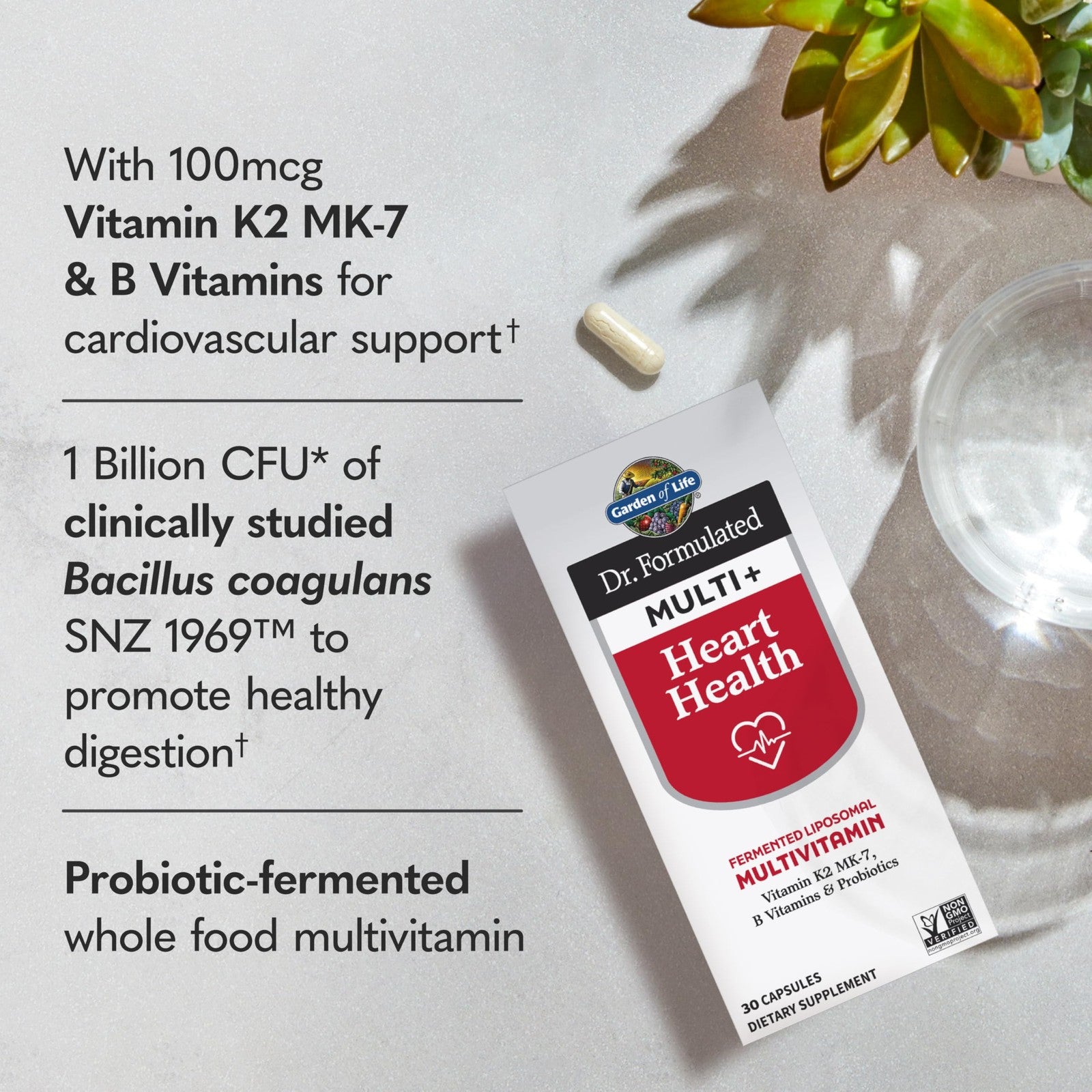 Garden of Life Dr. Formulated Multi+ Heart Health fermented liposomal multivitamin bottle showing label and packaging.