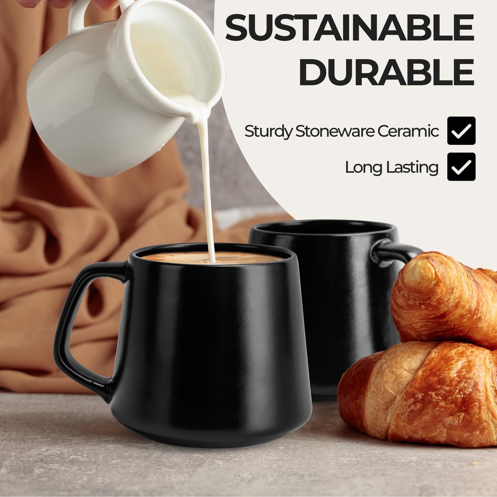 Set of four large MIAMIO ceramic coffee mugs in black, 14oz, with microwave and dishwasher safe features, displayed on a table.