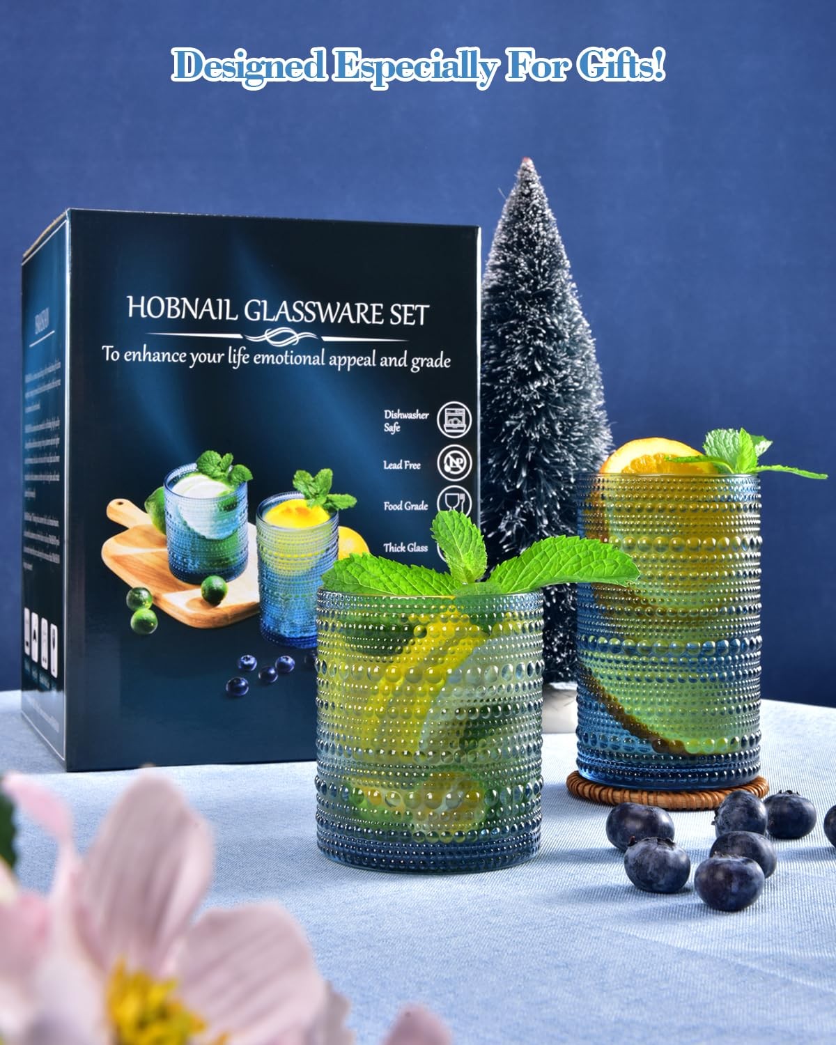 Set of 8 ISMASOAN blue hobnail vintage glass drinking glasses, 14 oz and 12 oz, featuring textured glassware design.