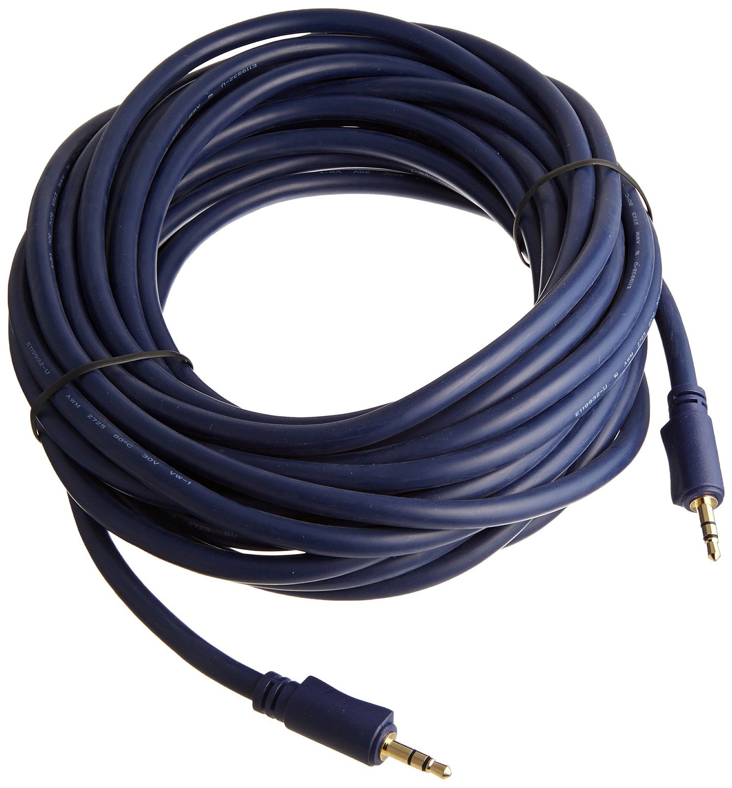 Blue C2G Velocity 3.5mm stereo audio cable, 25-foot aux cable with male connectors, shown coiled and ready for connection.