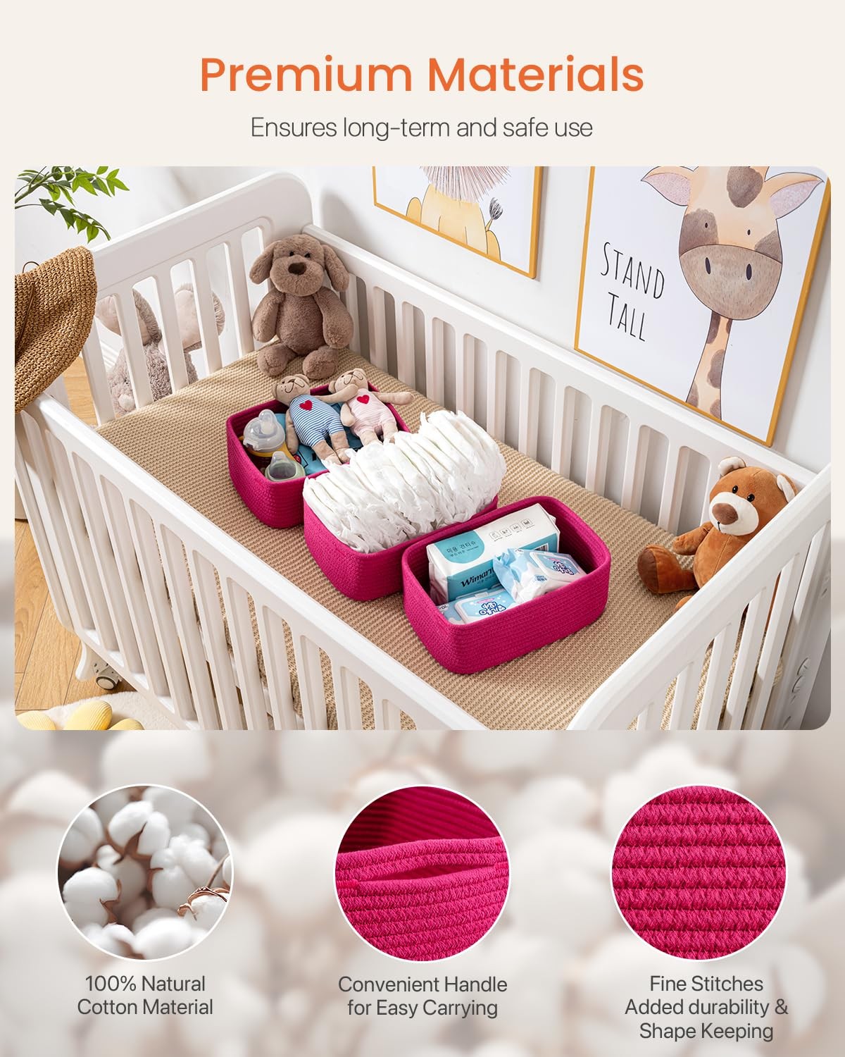 Three small woven storage baskets by KALLAX, 12x8x4.5 inches, made of rope, ideal for organizing shelves and small items.
