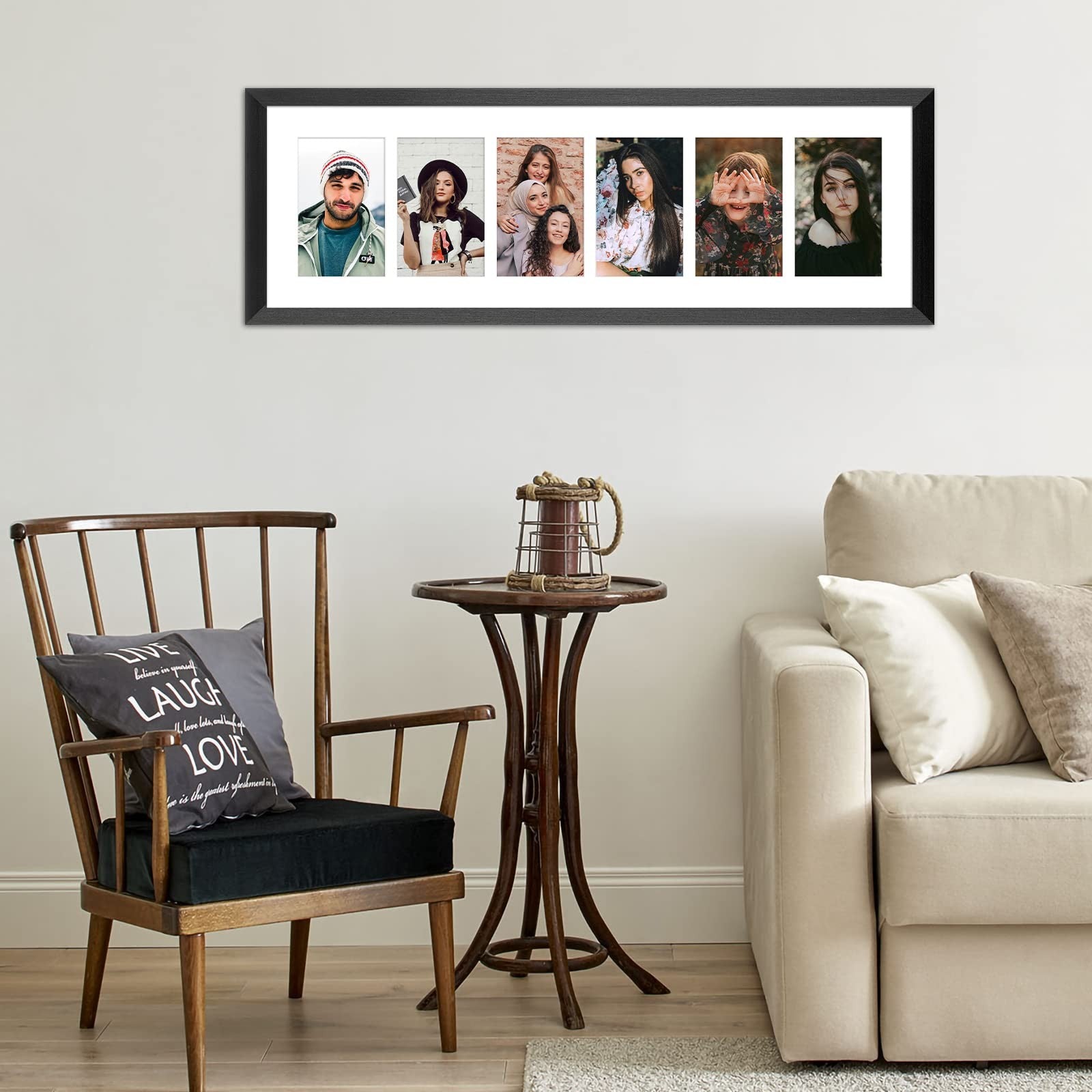 KSROECUD 8x26 collage picture frame with six 4x6 openings for displaying multiple photos.