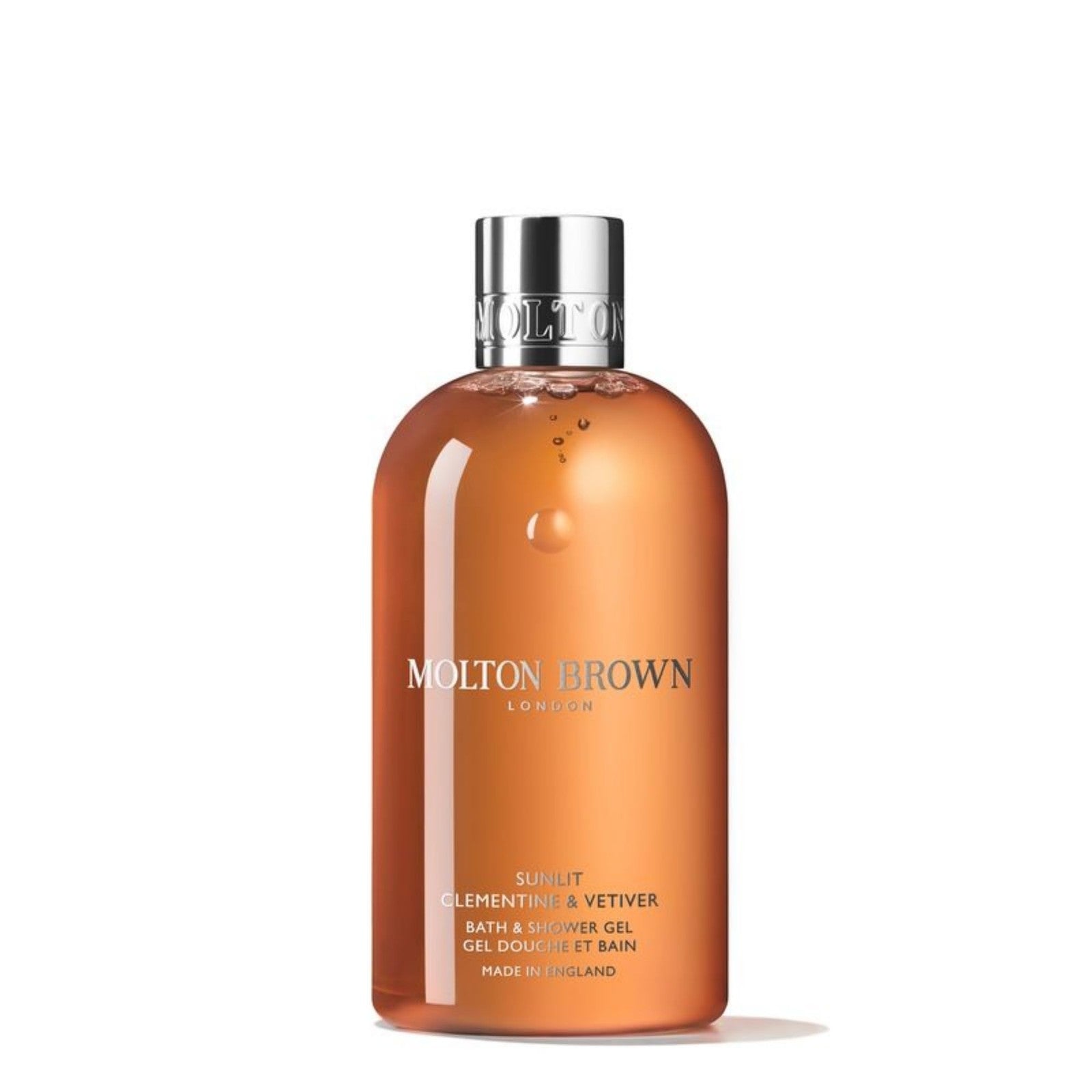 Molton Brown Sunlit Clementine & Vetiver body wash in a 10 fl oz bottle, showing the product with citrus and vetiver scent.