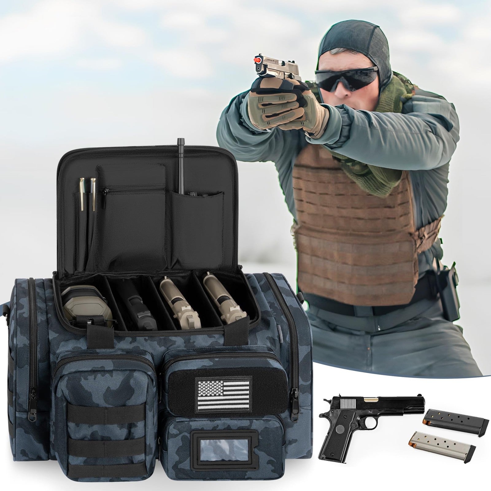 OUUTMEE tactical pistol range bag with multiple compartments, designed for carrying four handguns and shooting accessories.