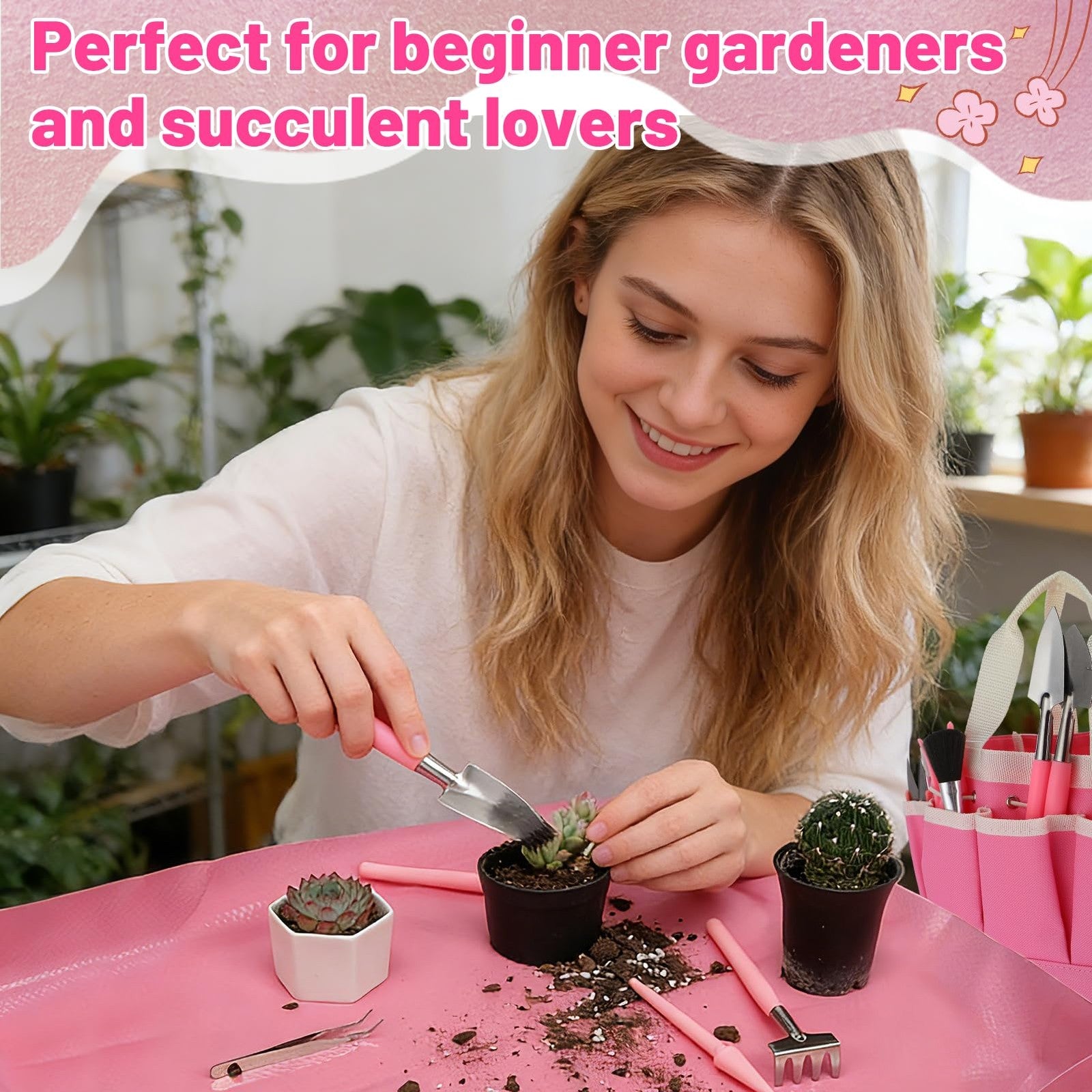 ANPHSIN 44-piece pink gardening tools set with small pruners, trowels, and transplanters for succulents and bonsai plants.