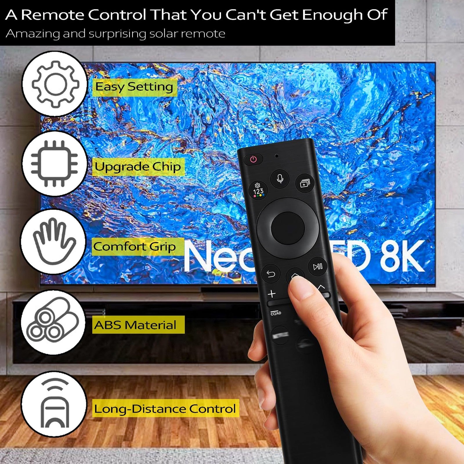 FonPeak Samsung Solar Voice TV Remote Control for Neo QLED The Frame Crystal, showing buttons and sleek design.