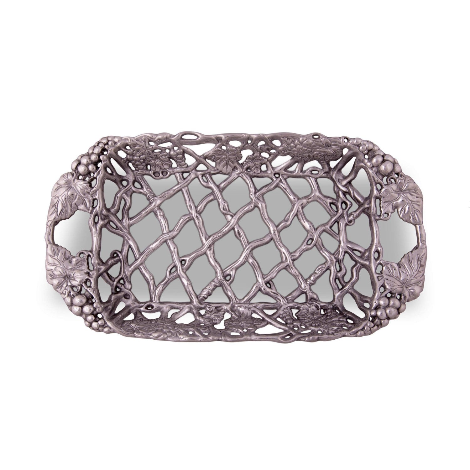 Arthur Court metal Pyrex glass casserole dish holder with grape pattern, sand casted design for protecting and displaying cookware.