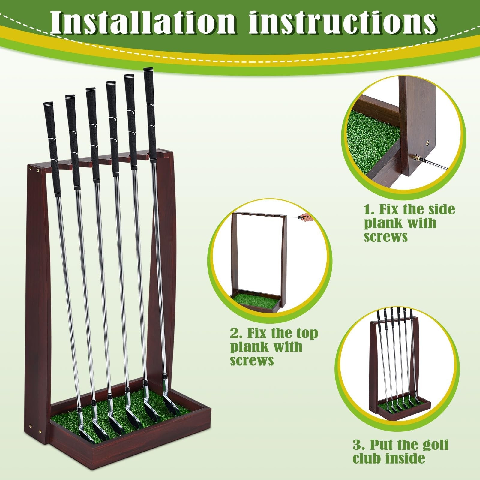 Lenwen wooden golf club holder stand with space for six clubs, featuring a sturdy design and natural wood finish.