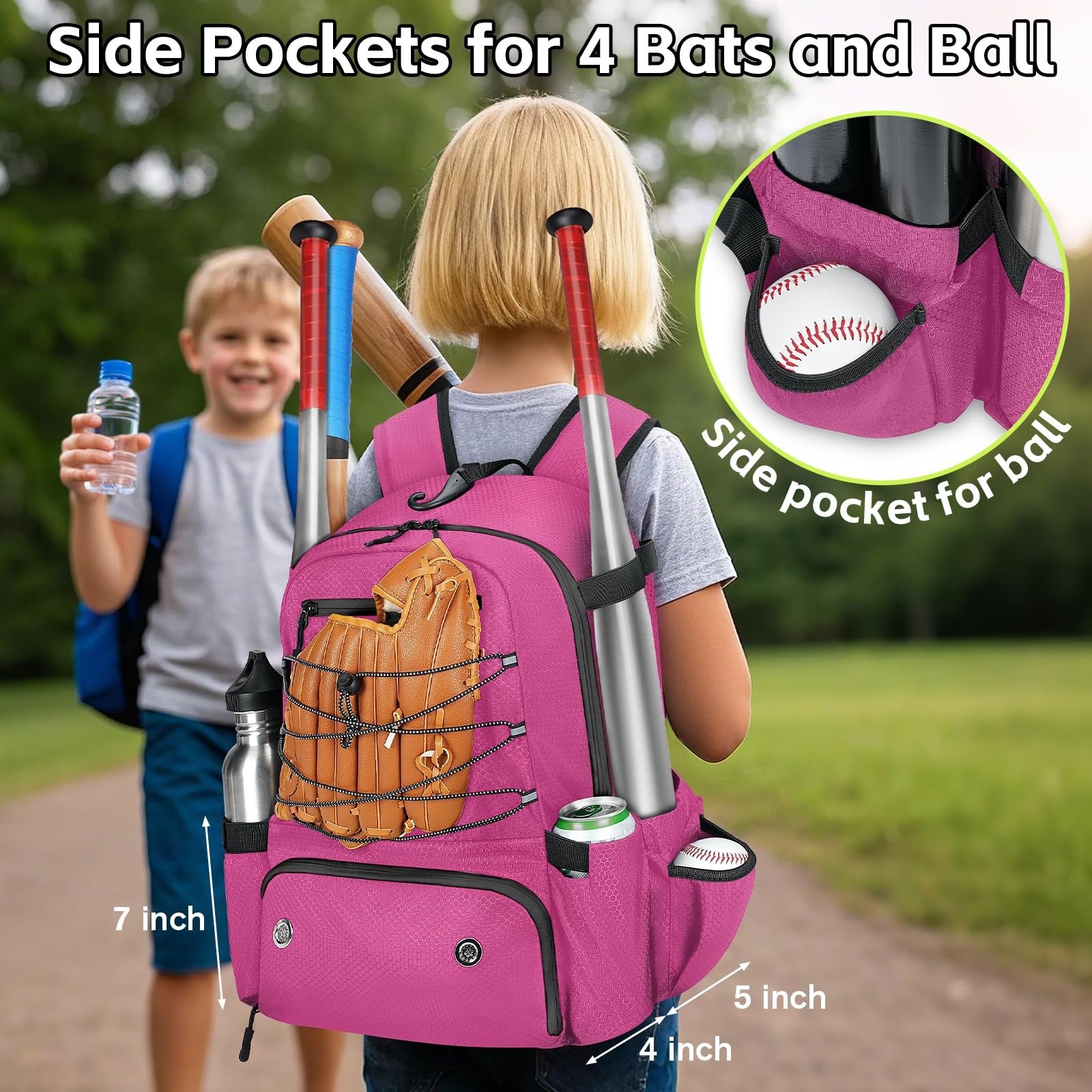 Lightweight MATEIN youth softball backpack with space for 4 bats and shoe compartment, designed for young baseball players.