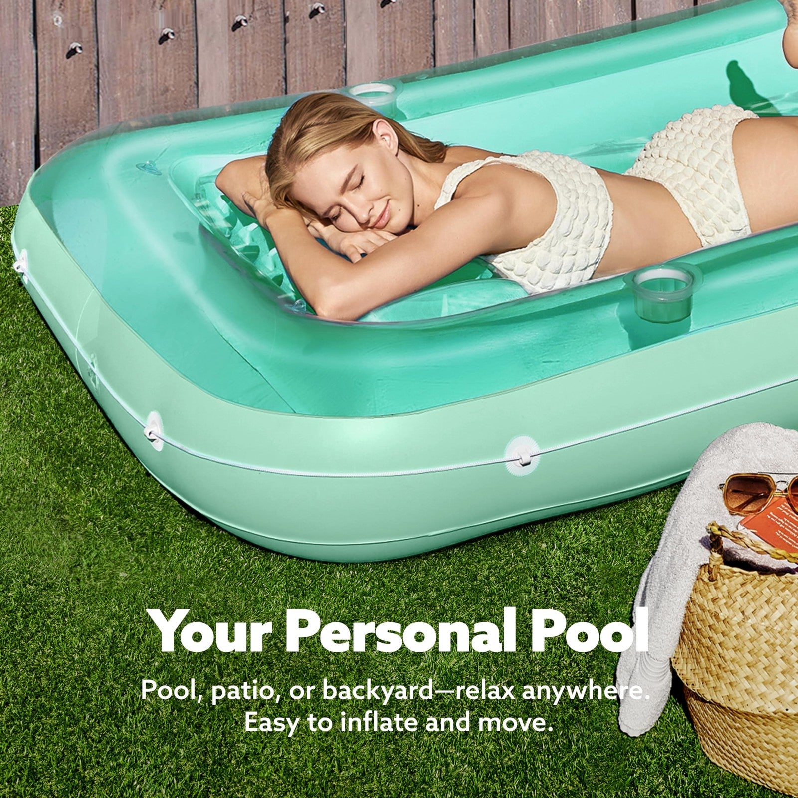 Sloosh inflatable tanning pool lounger float with pillow and cupholder, measuring 70x46 inches, designed for adult relaxation.