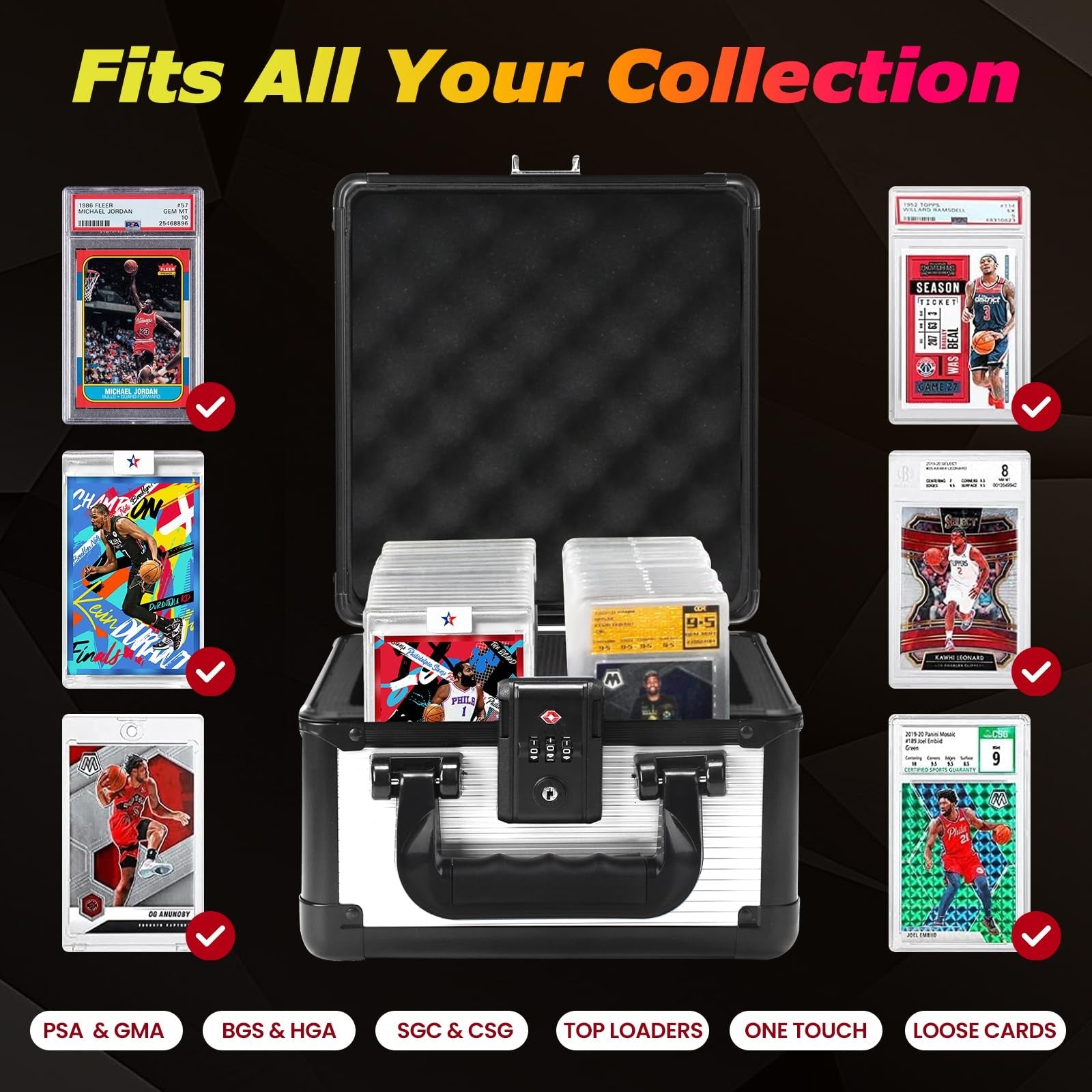 ZINHO graded sports card storage box with lock for PSA and BGS top loaders, black plastic organizer with secure latch and handle.
