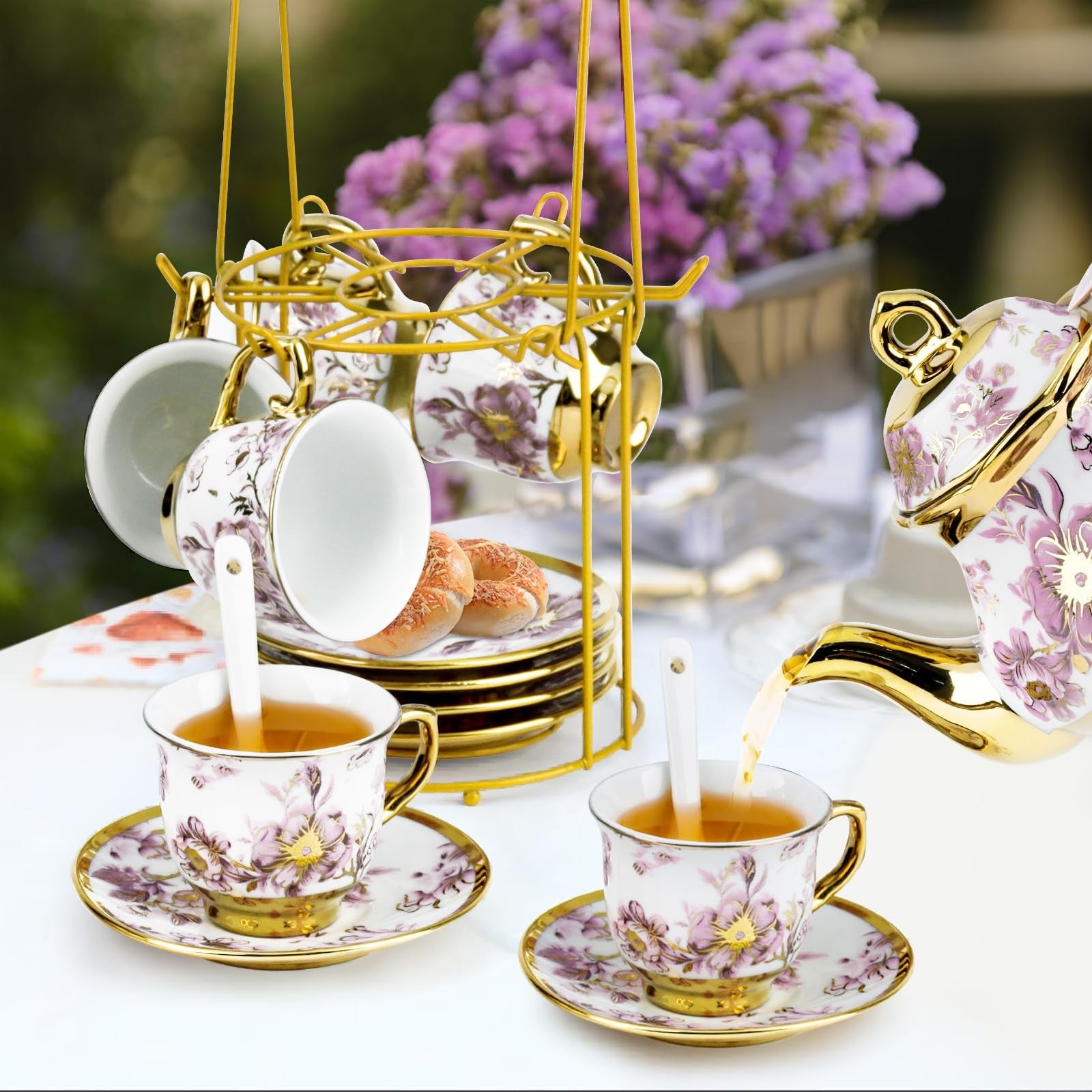 Set of 20 porcelain tea cups and saucers with metal holder, 700ml European ceramic tea set by Hebaogugu