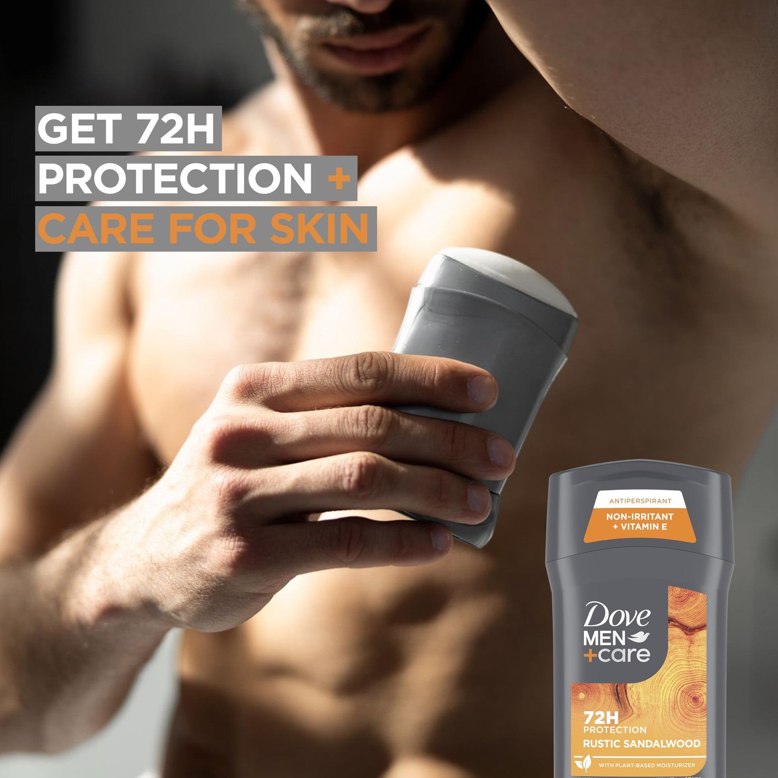 DOVE MEN + CARE Rustic Sandalwood antiperspirant deodorant 3-pack with 2.7oz sticks, natural wood scent, and masculine packaging