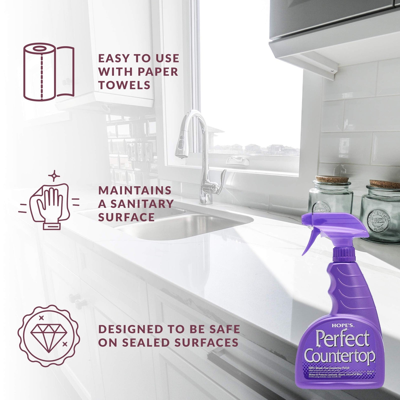 Hope's Hopes countertop cleaner and polish in a 22-ounce bottle, showing a spray nozzle and clean, shiny countertop surface.