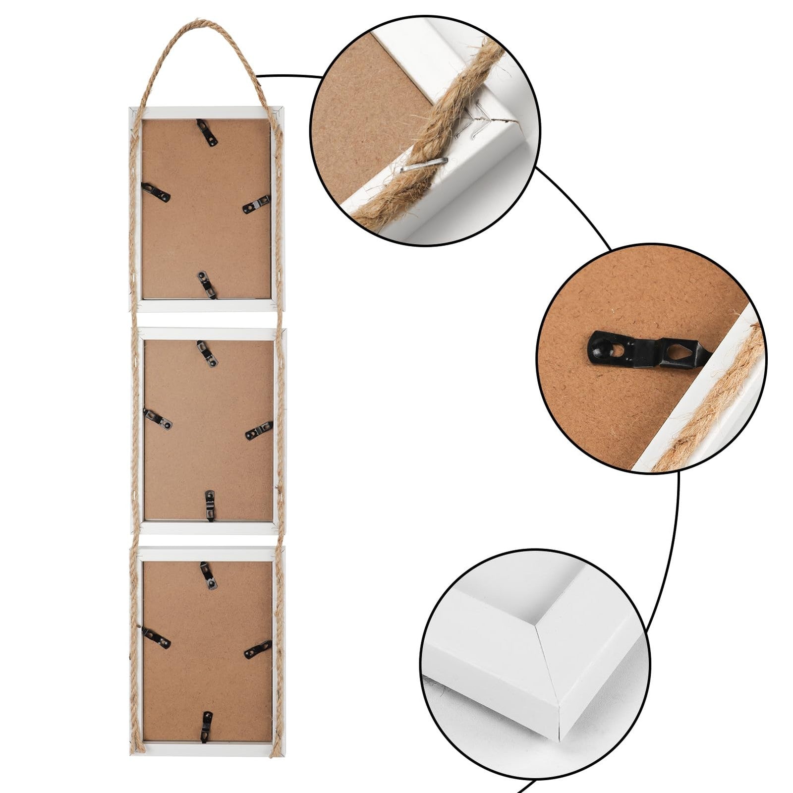 Lavezee 5x7 white hanging collage picture frames set of 2 with 6 openings, vertical layout, displayed on a wall.
