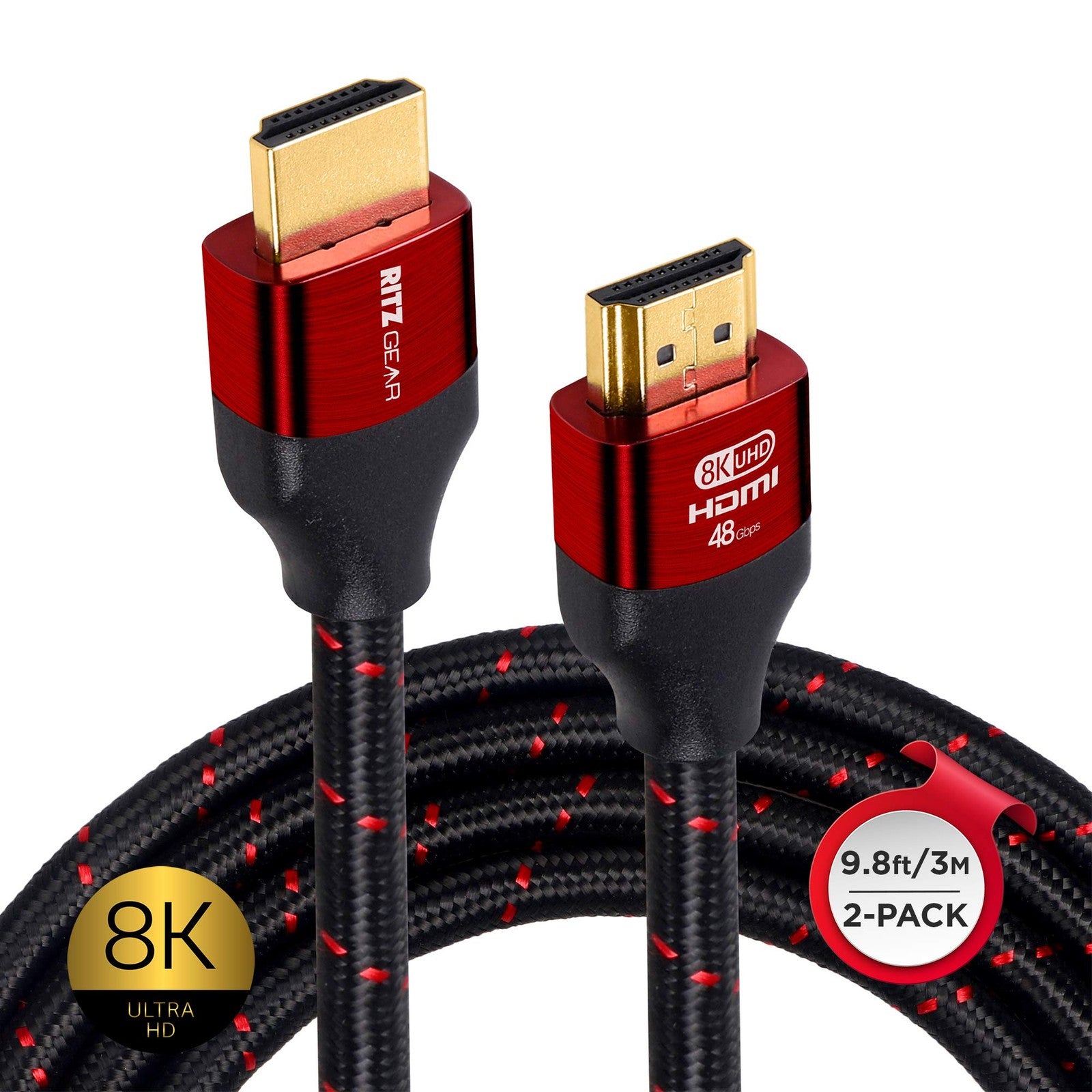 Ritz Gear 8K HDMI 2.1 cables, 9.8 ft, braided design, two-pack, ultra high speed 48 Gbps for high-resolution video and gaming.