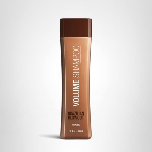 Brazilian Blowout Volume Shampoo 12 fl oz bottle, highlighting sleek hair and vibrant packaging for volumizing hair care.
