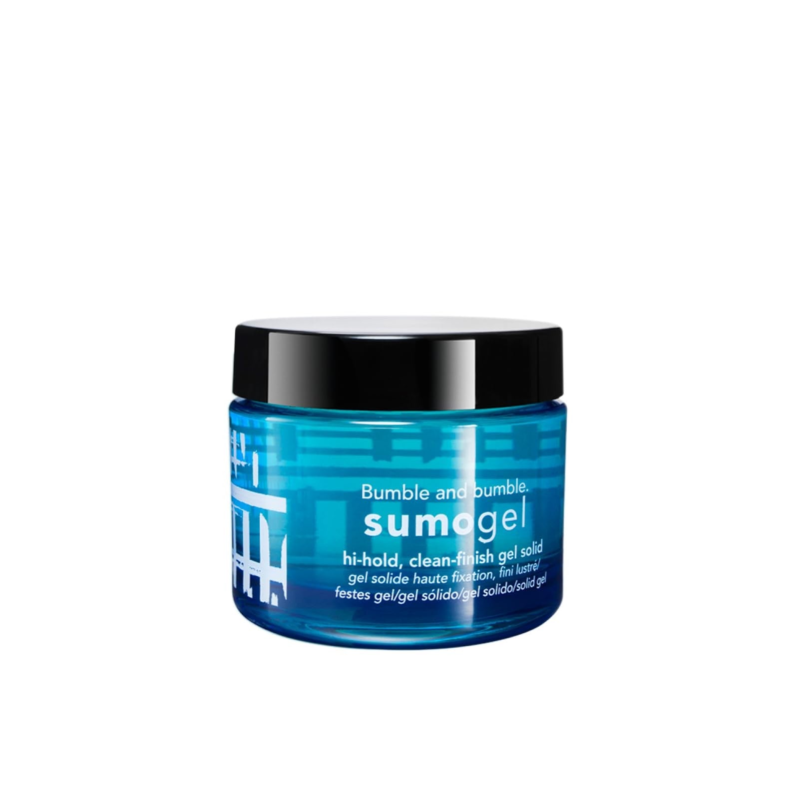 Bumble and bumble Sumogel Hi-Hold Styling Hair Gel with strong hold and high-shine finish, shown in a clear container with gel inside.
