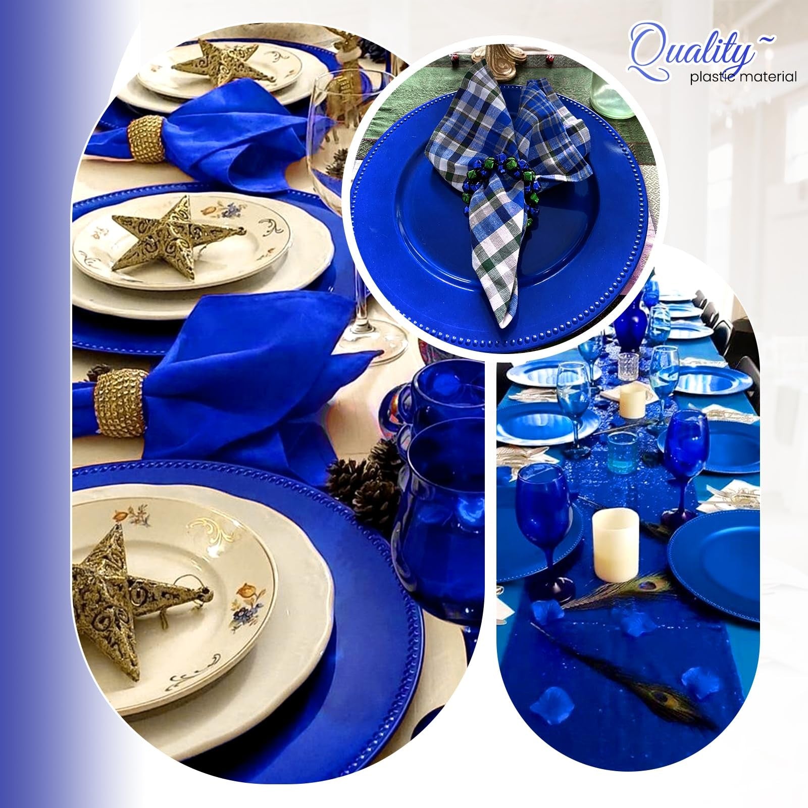Royal blue 13-inch beaded charger plates from REWOMC, set of 24, round dinner plate chargers for elegant table settings.