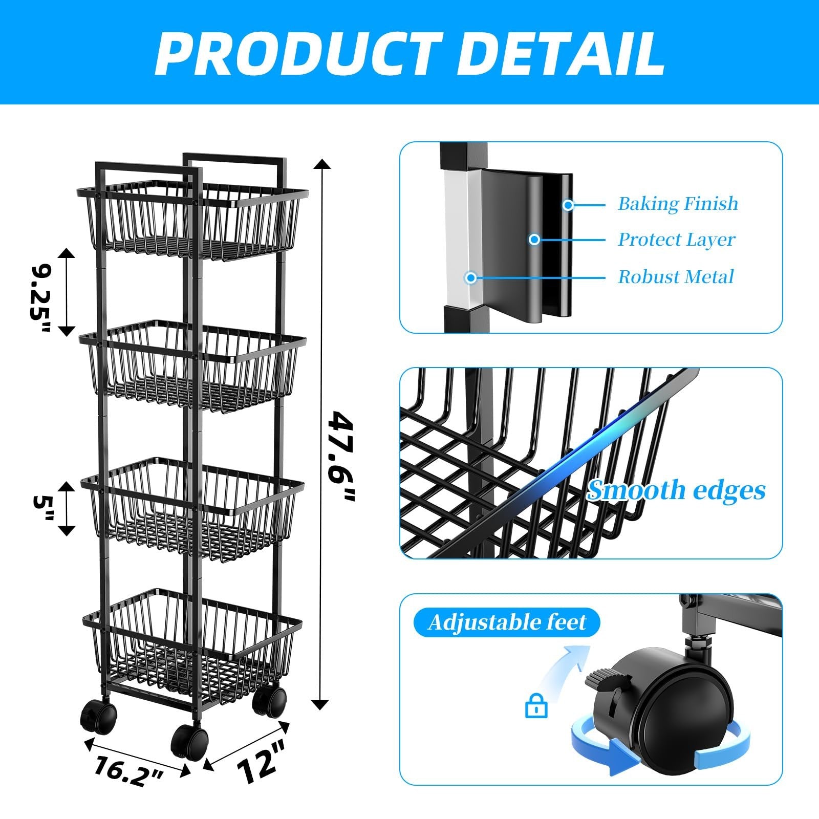 Simple Trending 4-tier rolling metal wire fruit and vegetable basket cart for kitchen storage on wheels