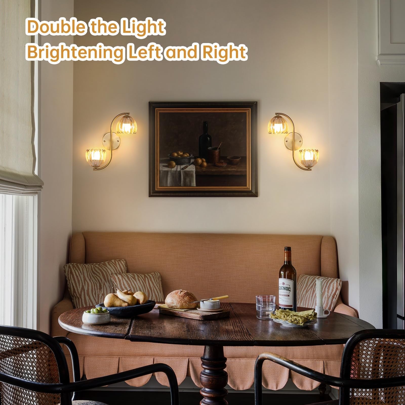Battery operated wall sconce with two vintage brass lights, ideal for modern wall lighting decor.