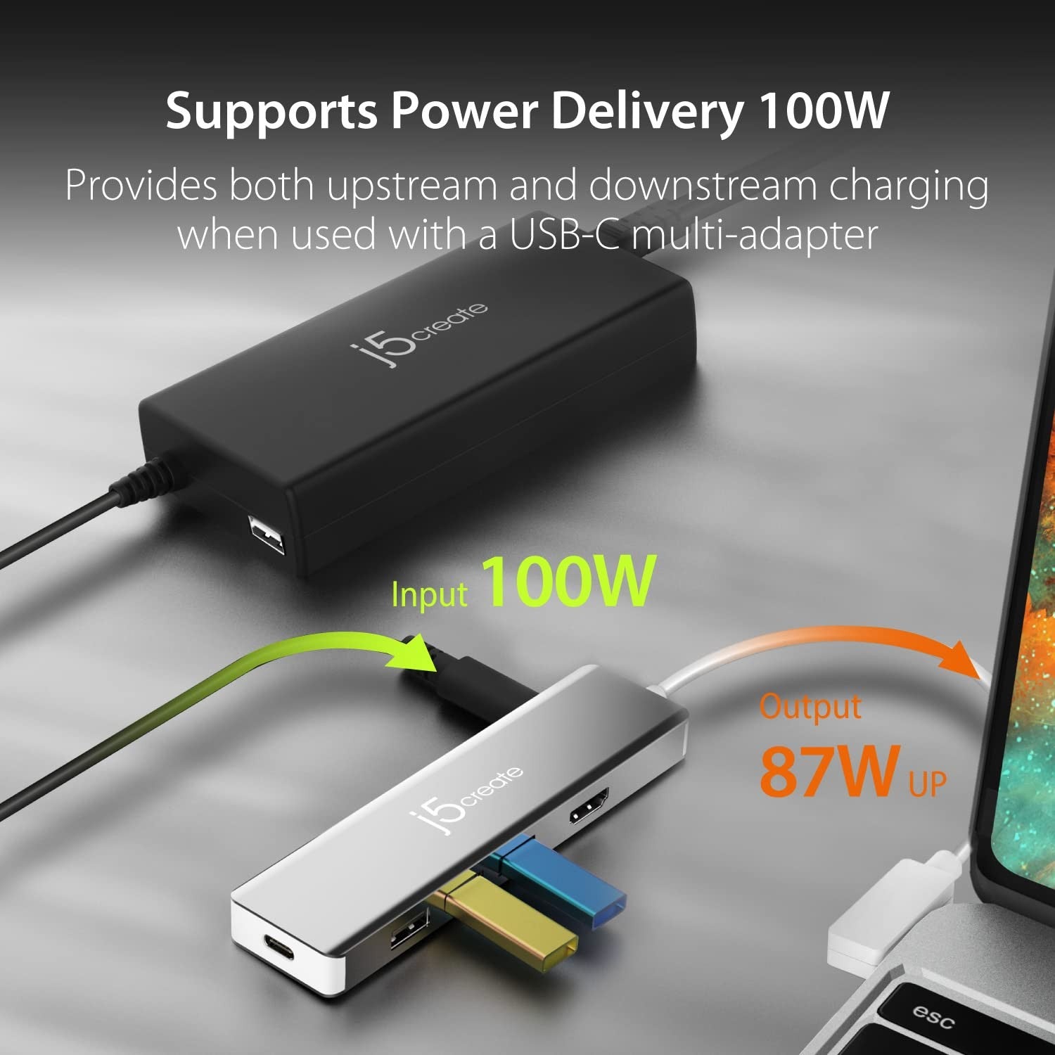 j5create USB Type C PD 100W fast charger with compact design for MacBook Pro, Chromebook, and laptops, shown plugged in.