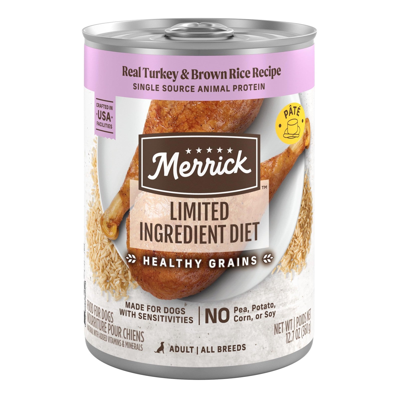 Merrick Limited Ingredient Diet premium canned dog food with healthy grains, showing the wet food in a bowl with a textured surface.
