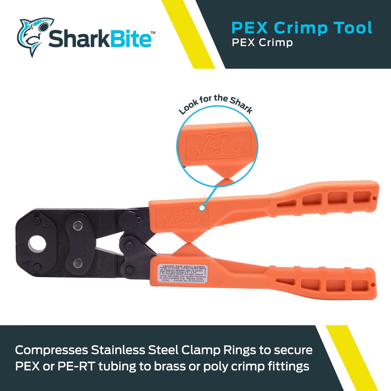 SharkBite 3/8 inch PEX crimp tool multi-head kit with orange handles for plumbing pipe installation and fittings.