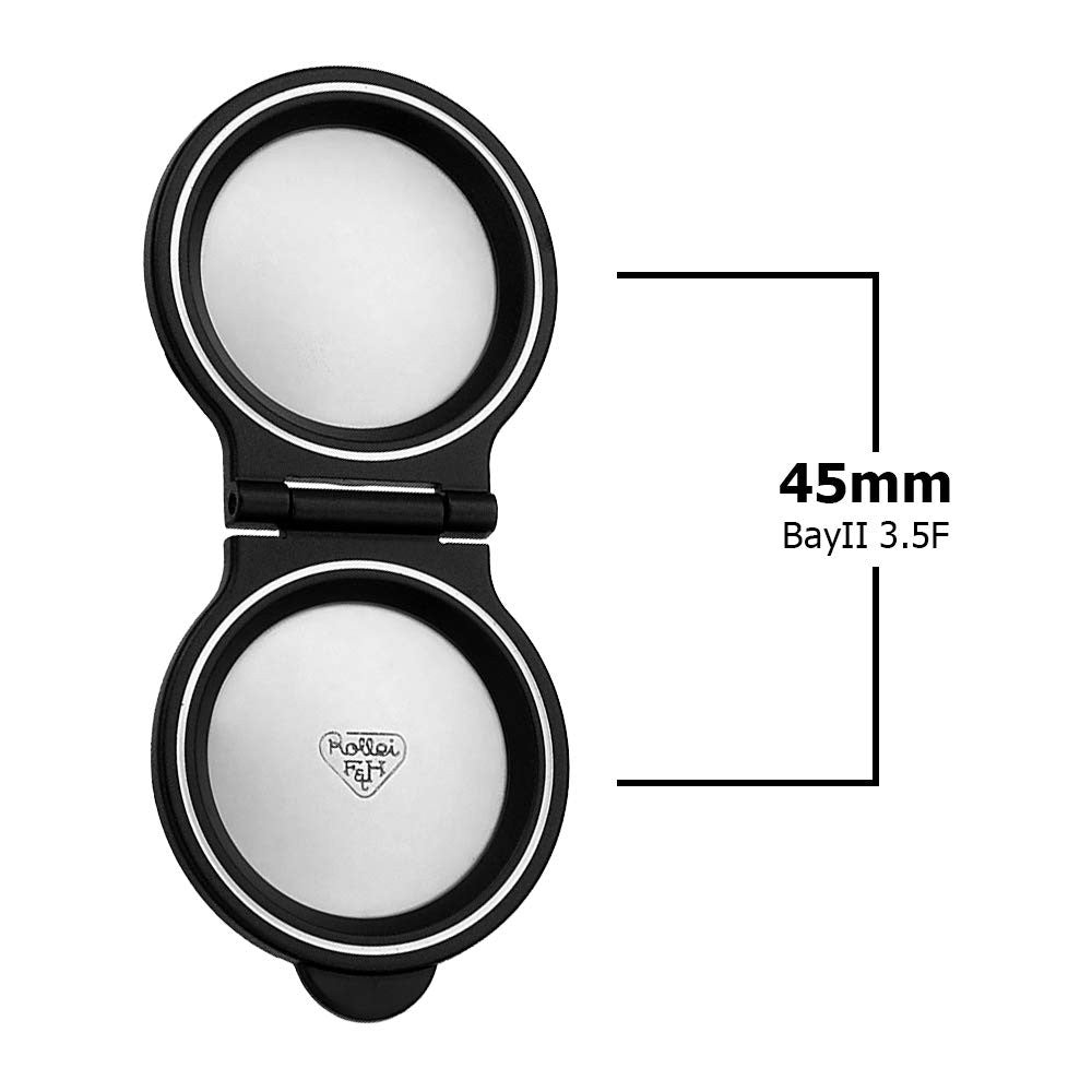 Fotodiox Hood-Rol-B2f35 Pro lens hood attached to Rollei TLR camera with Bay II Take Len, showing its black matte finish and mounting details.