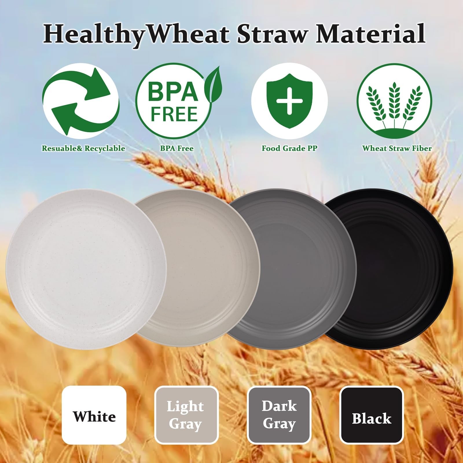 Supernal 10-inch wheat straw dinner plates made of reusable, durable plastic with a natural wood-like finish for eco-friendly dining.