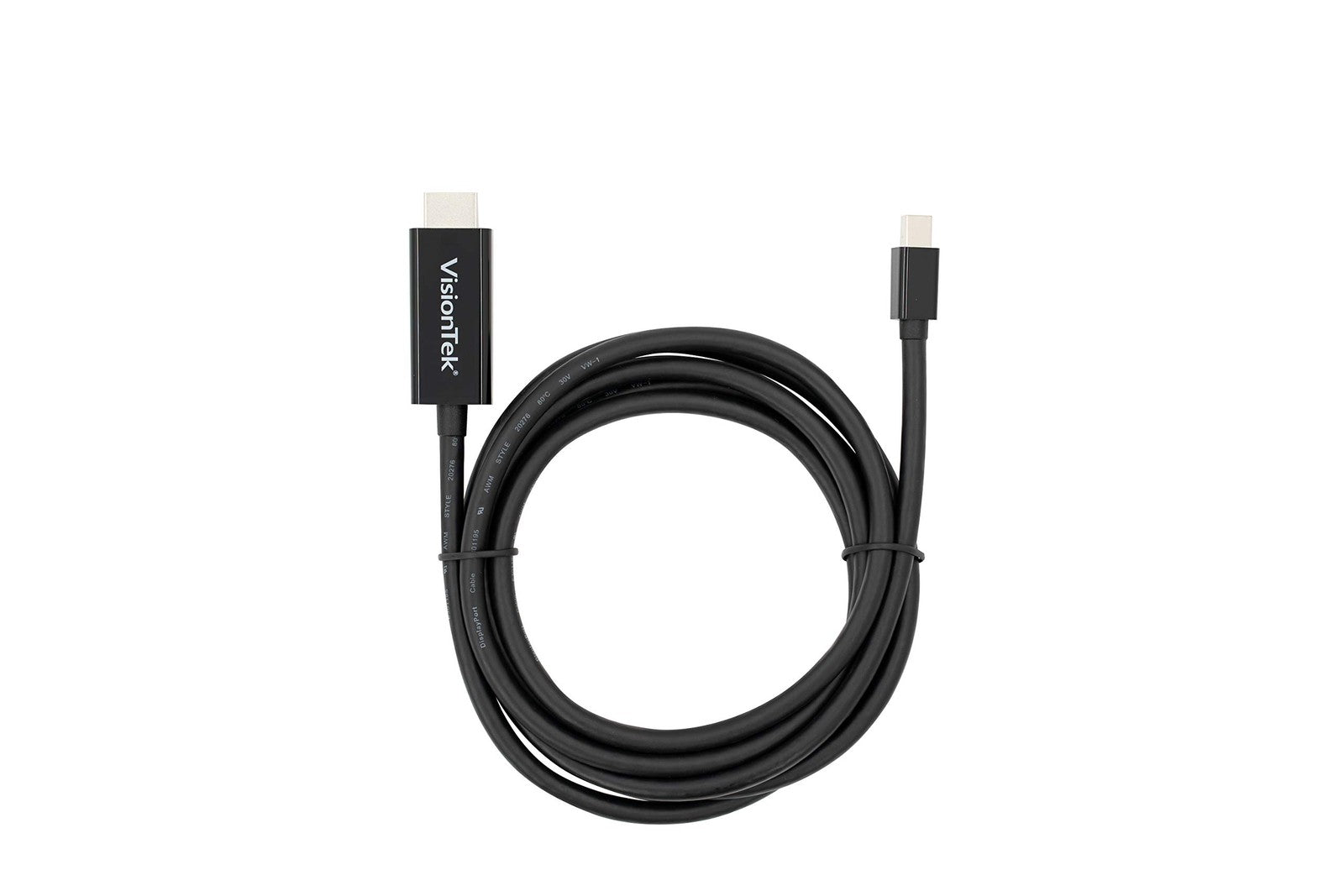 VisionTek Mini DisplayPort to HDMI 2.0 active cable showing Mini DisplayPort connector and HDMI connector for 4K video transfer
