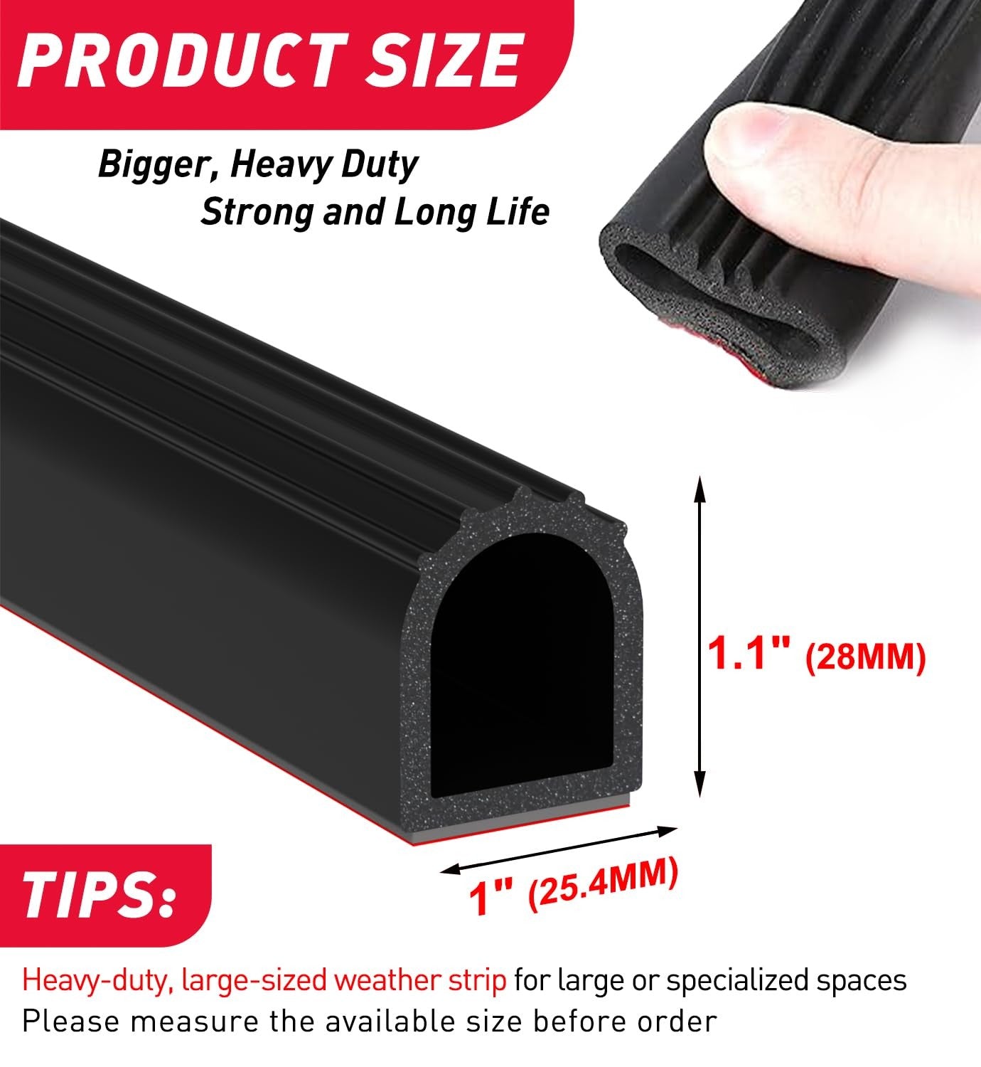 CHUANJI 1-inch D-shape EPDM rubber weather stripping seal strip for garage doors, flexible and durable for weatherproof sealing.