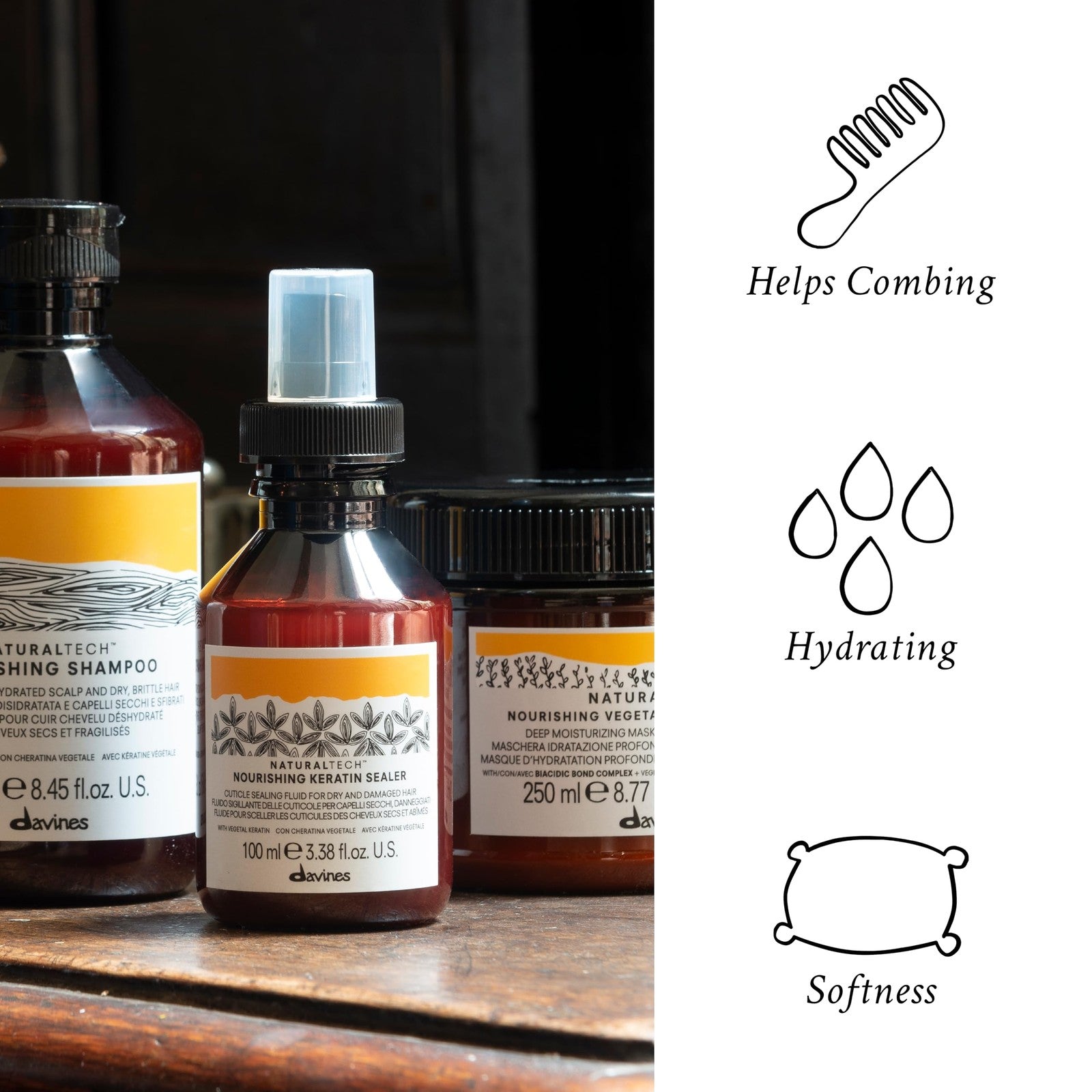 Davines Naturaltech Nourishing Keratin Sealer in a bottle, designed to soften and protect hair with a no-rinse formula.