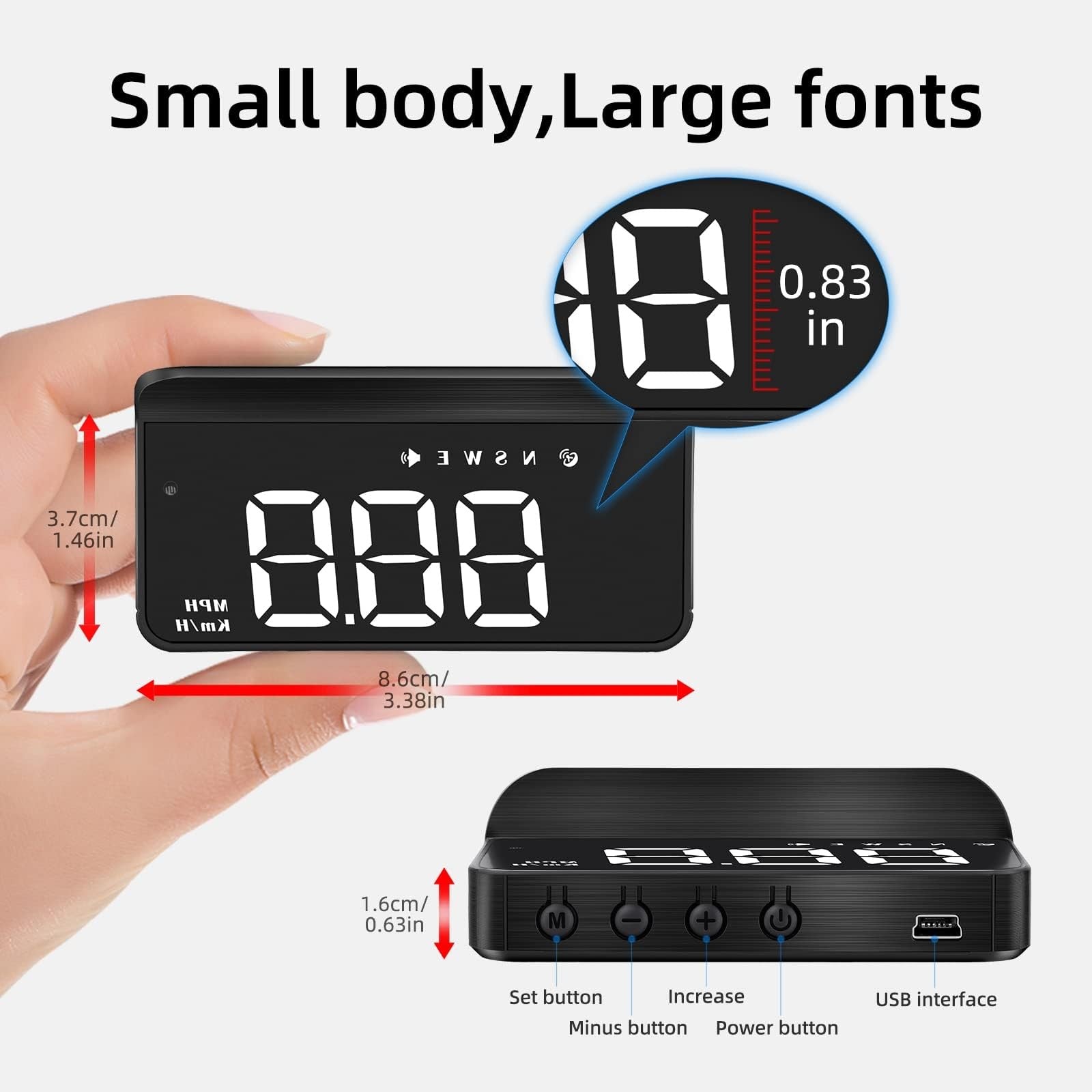 AZIJYV Heads Up Display for cars showing windshield speedometer projection in white, mounted on a vehicle dashboard.