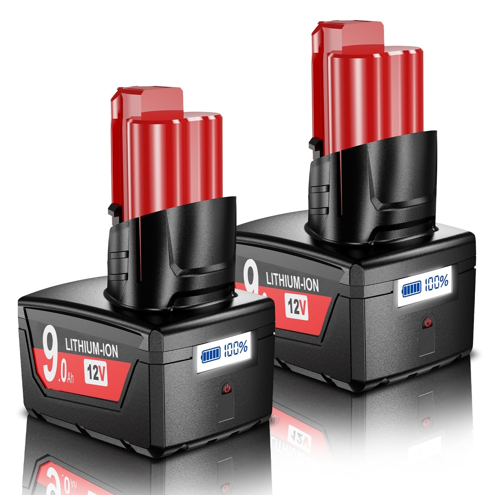 Two Nonbliep 9.0Ah lithium-ion replacement batteries for Milwaukee M12 12V power tools, showing the batteries with labels and connectors.