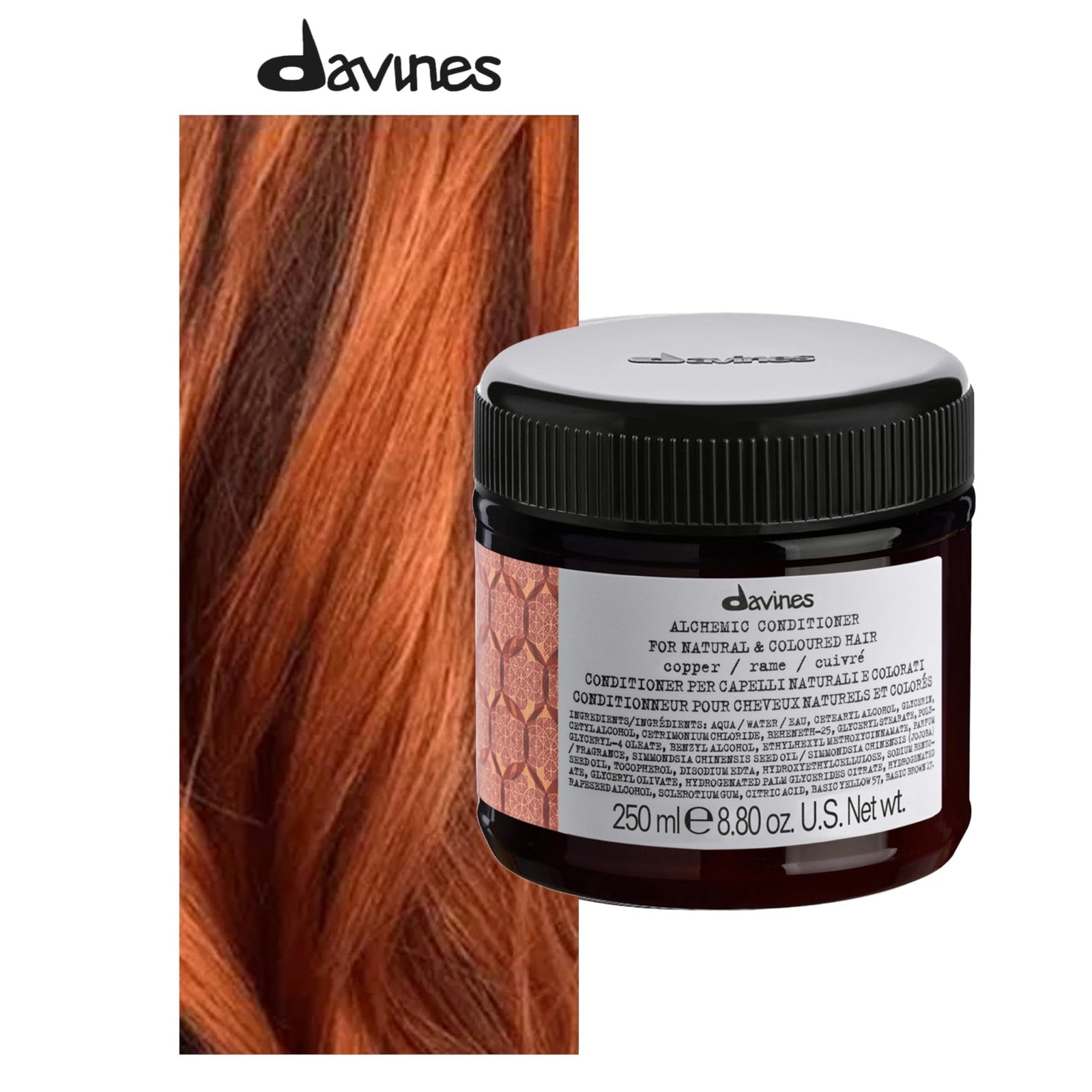 Davines Alchemic Conditioner for Copper hair, 8.81 oz, with a creamy texture and copper-colored packaging visible in the image.