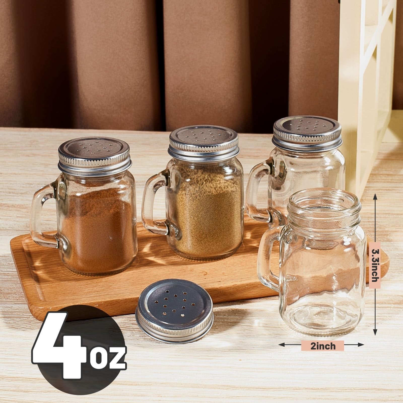 Set of 48 Tessco for You glass salt and pepper shakers in clear mason jar style, 4 oz mini size with metal lids.