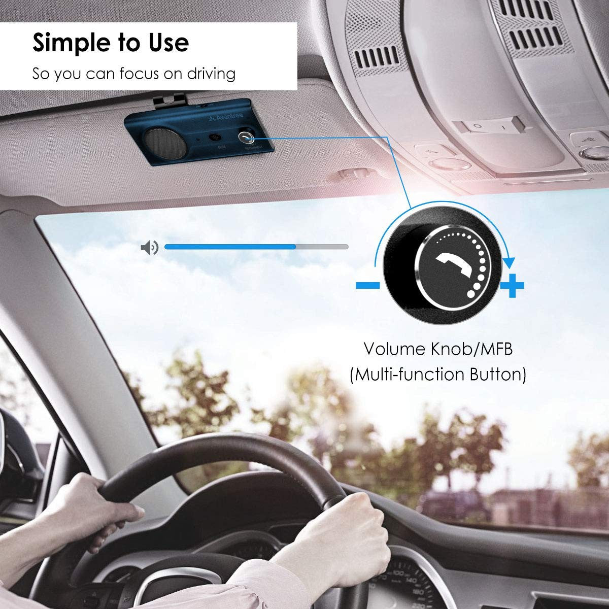 Avantree CK11 Bluetooth 5.0 car kit with 3W loud speakerphone, shown mounted in a vehicle with phone and controls visible.