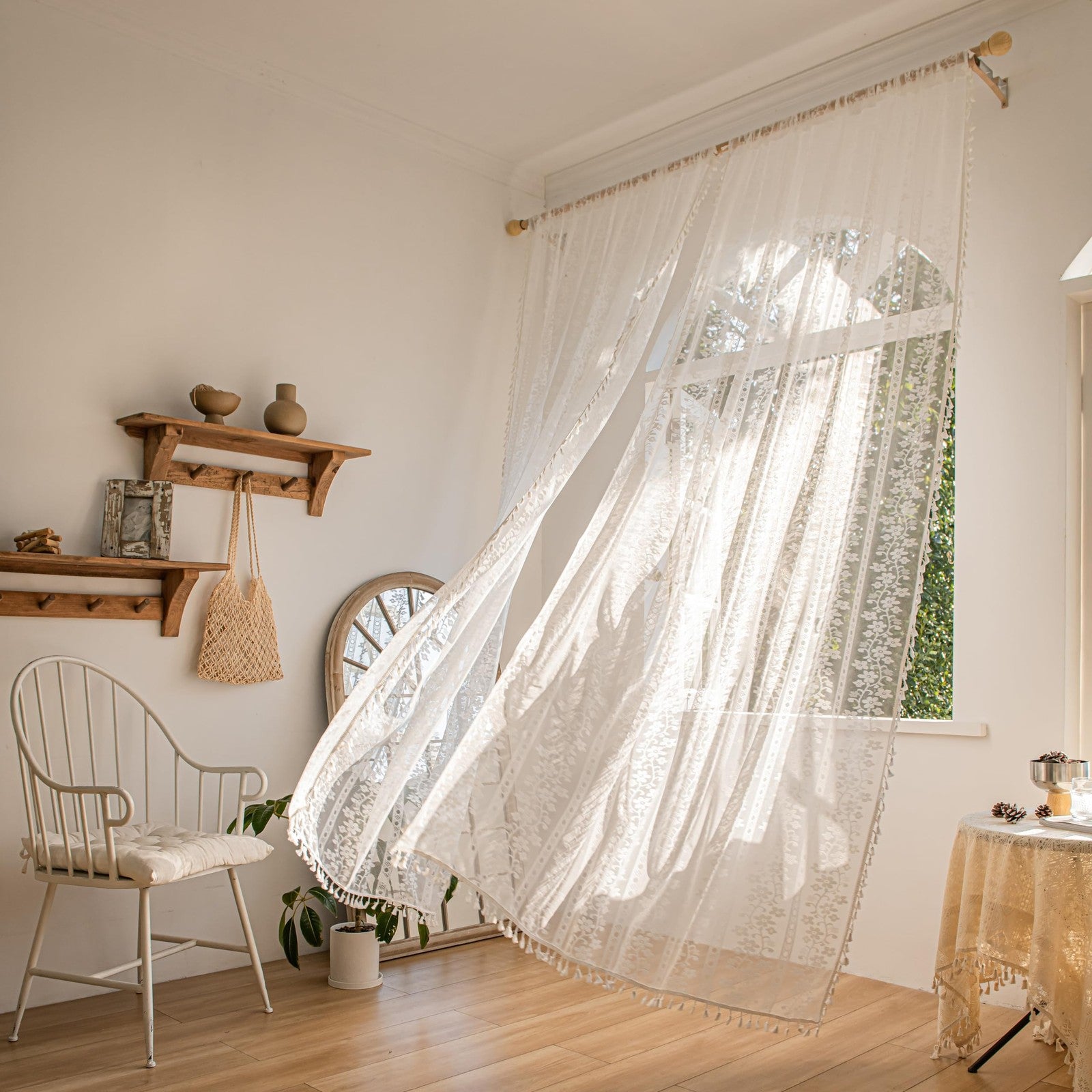 Sutuo Home boho curtains with two floral crochet panels, 84-inch length, featuring macrame designs for window decoration