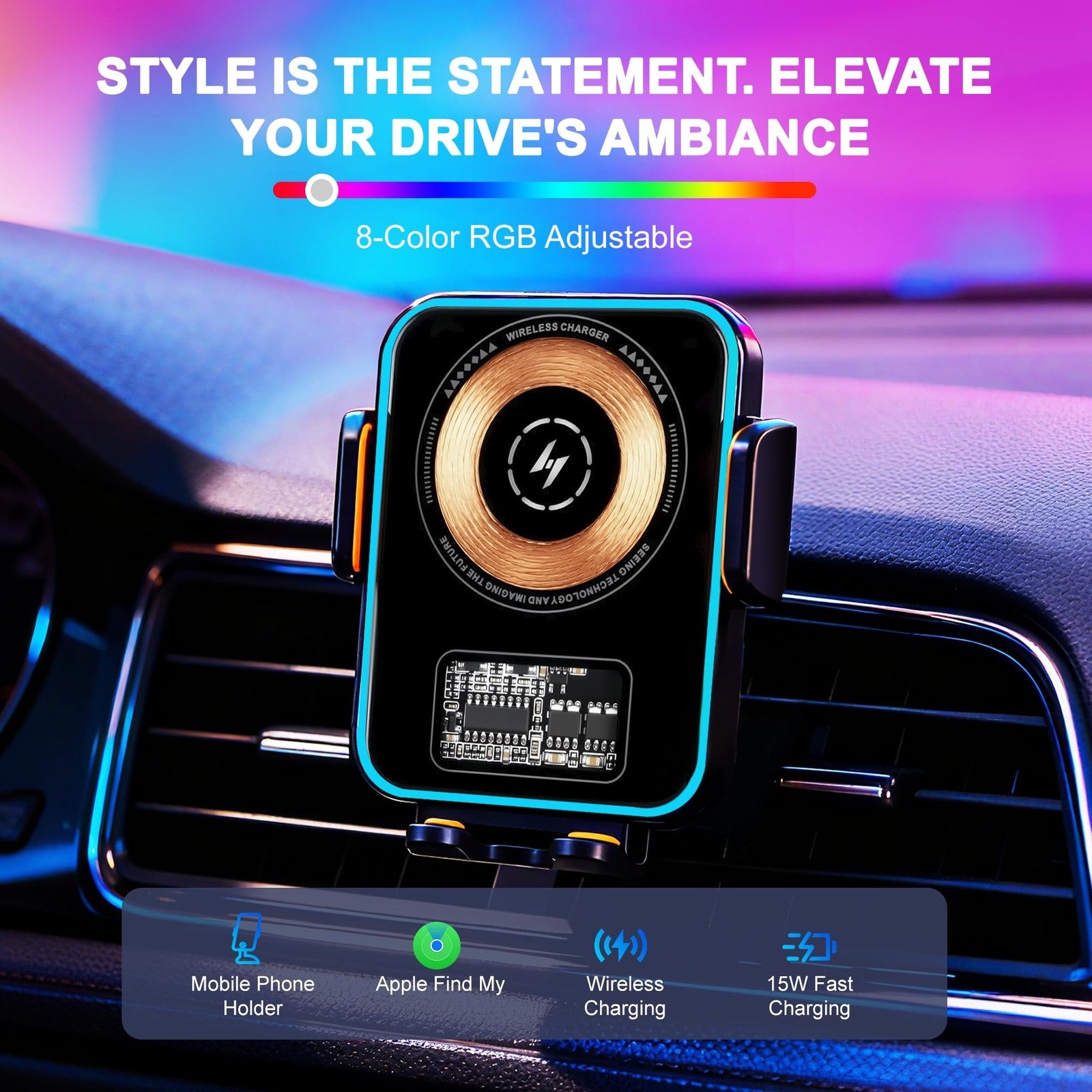 Gudluky 15W fast wireless car charger with built-in Air Tracker Tag GPS for iOS devices, mounted in a vehicle dashboard.