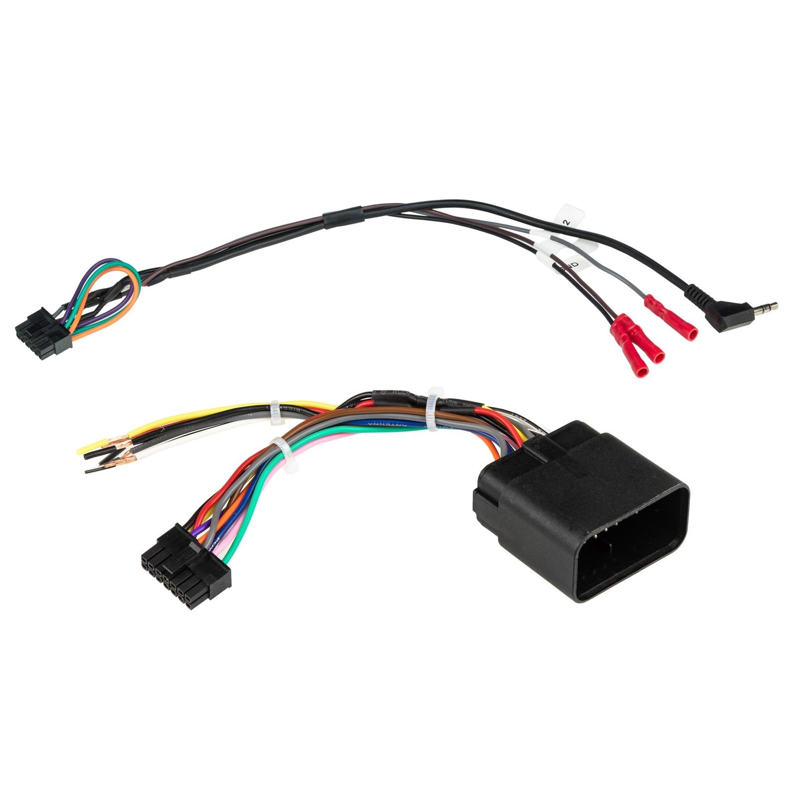Scosche audio interface adapter for Harley Davidson motorcycles, showing radio wiring harness and connection ports.
