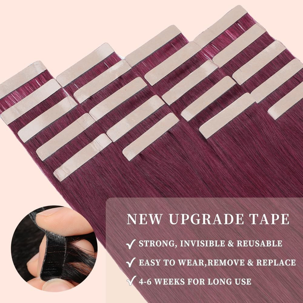 Burgundy human hair extensions by OBHD, 20-piece Remy straight skin weft, 16-inch length, natural straight hair on a display board.