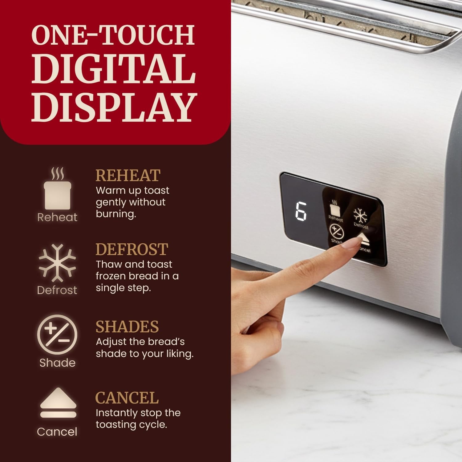 Elite Gourmet digital 4-slice toaster with touch screen LED display and extra-wide slots for even toasting.