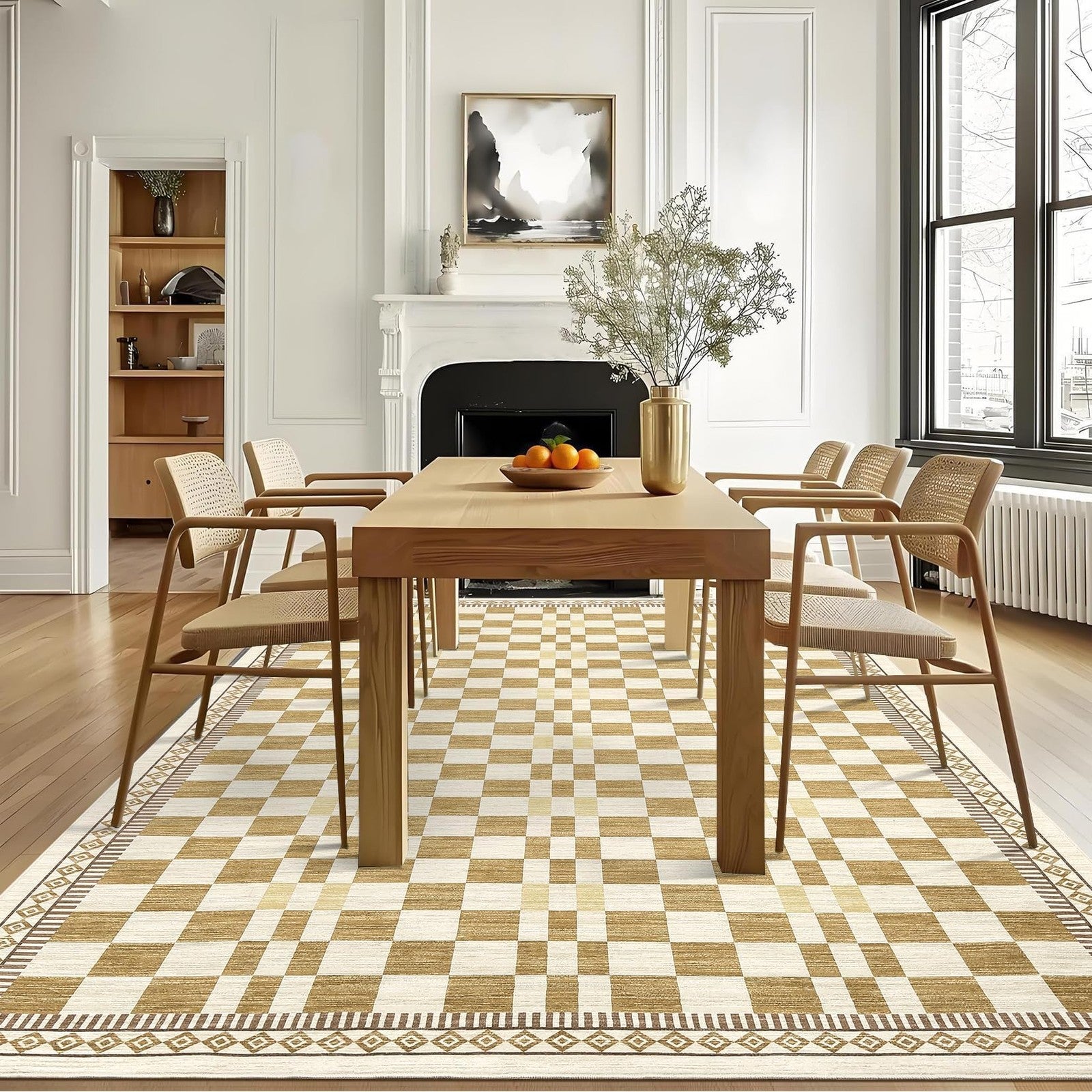 Garvee washable checkered area rug in neutral tones, 8x10 size, suitable for living room with a large, stylish design.