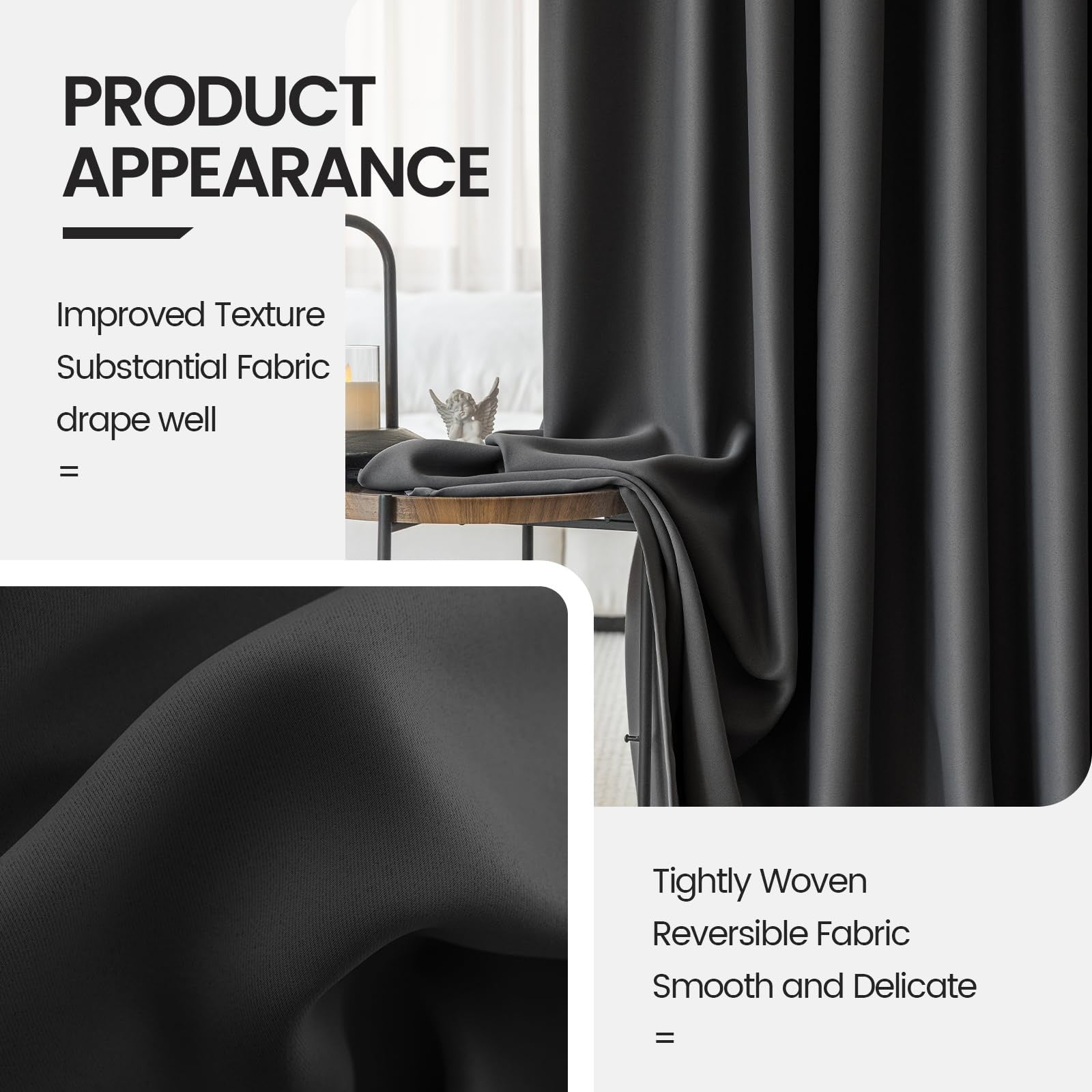 Grichril 108-inch black blackout curtains with two panels, designed for bedroom window darkening and heat blocking.