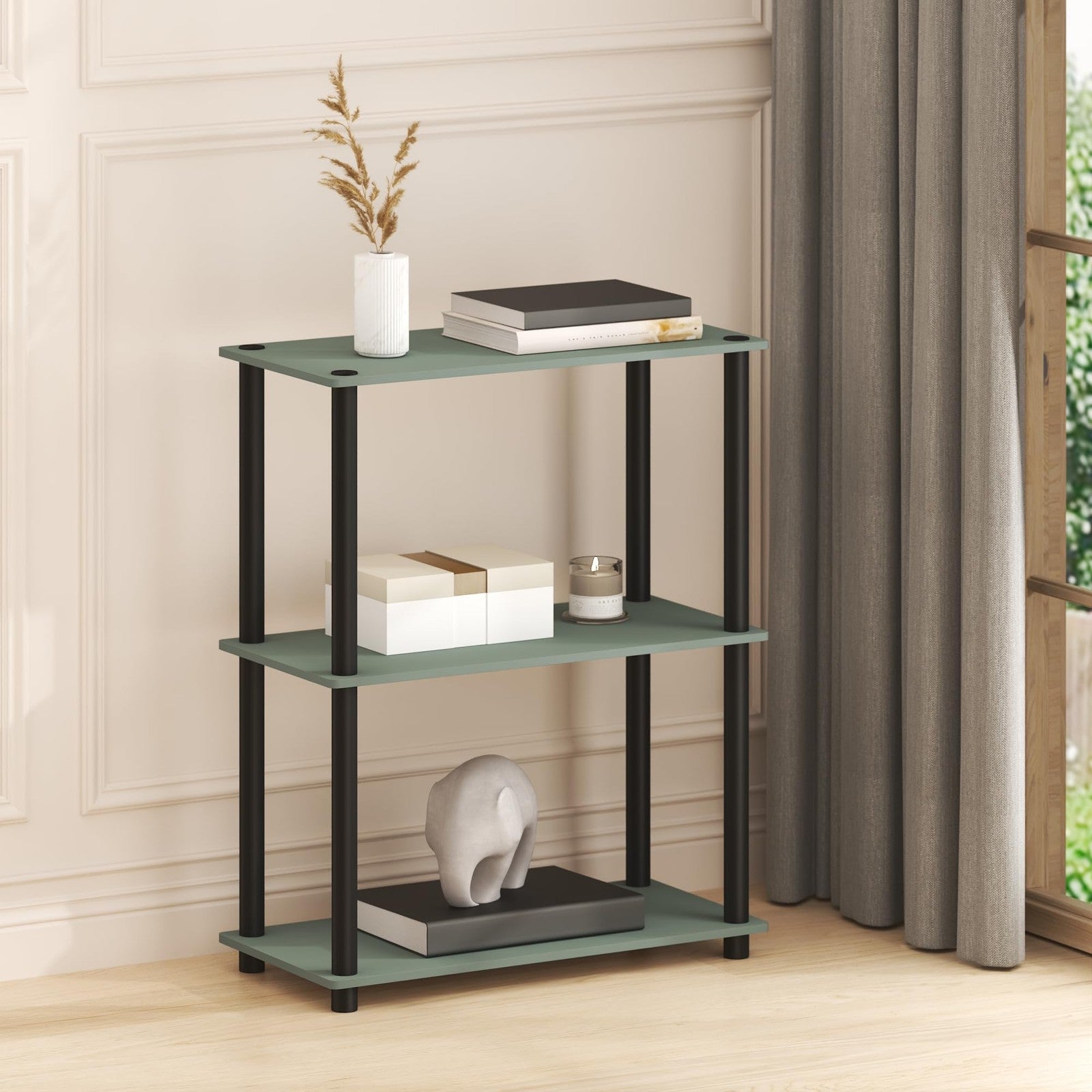 Furinno Turn-N-Tube 3-Tier corner storage shelf with open shelves and toolless assembly in a modern design.