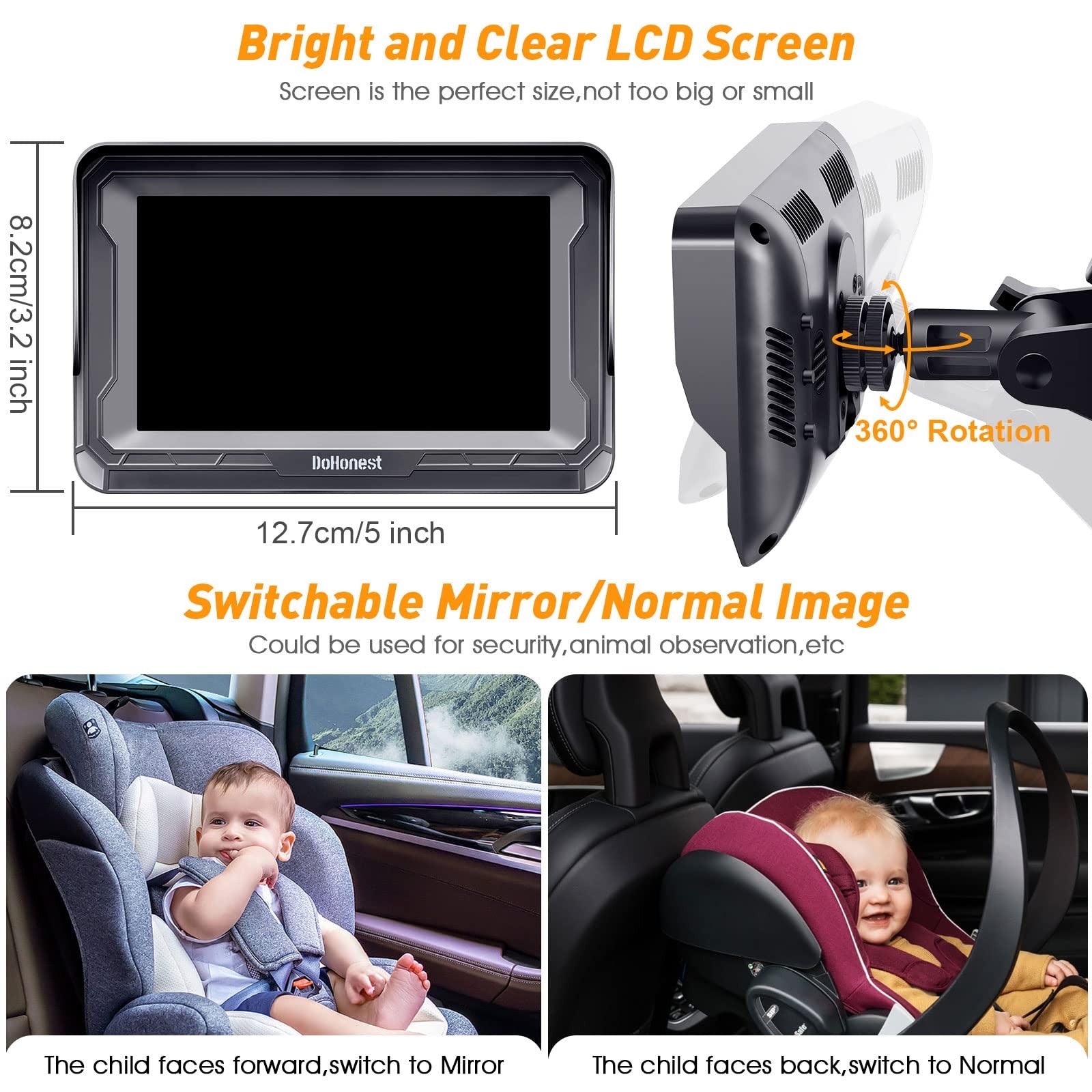 DoHonest Baby Car Camera HD 1080P rear-facing car monitor with night vision, showing the camera mounted inside a vehicle for baby safety.
