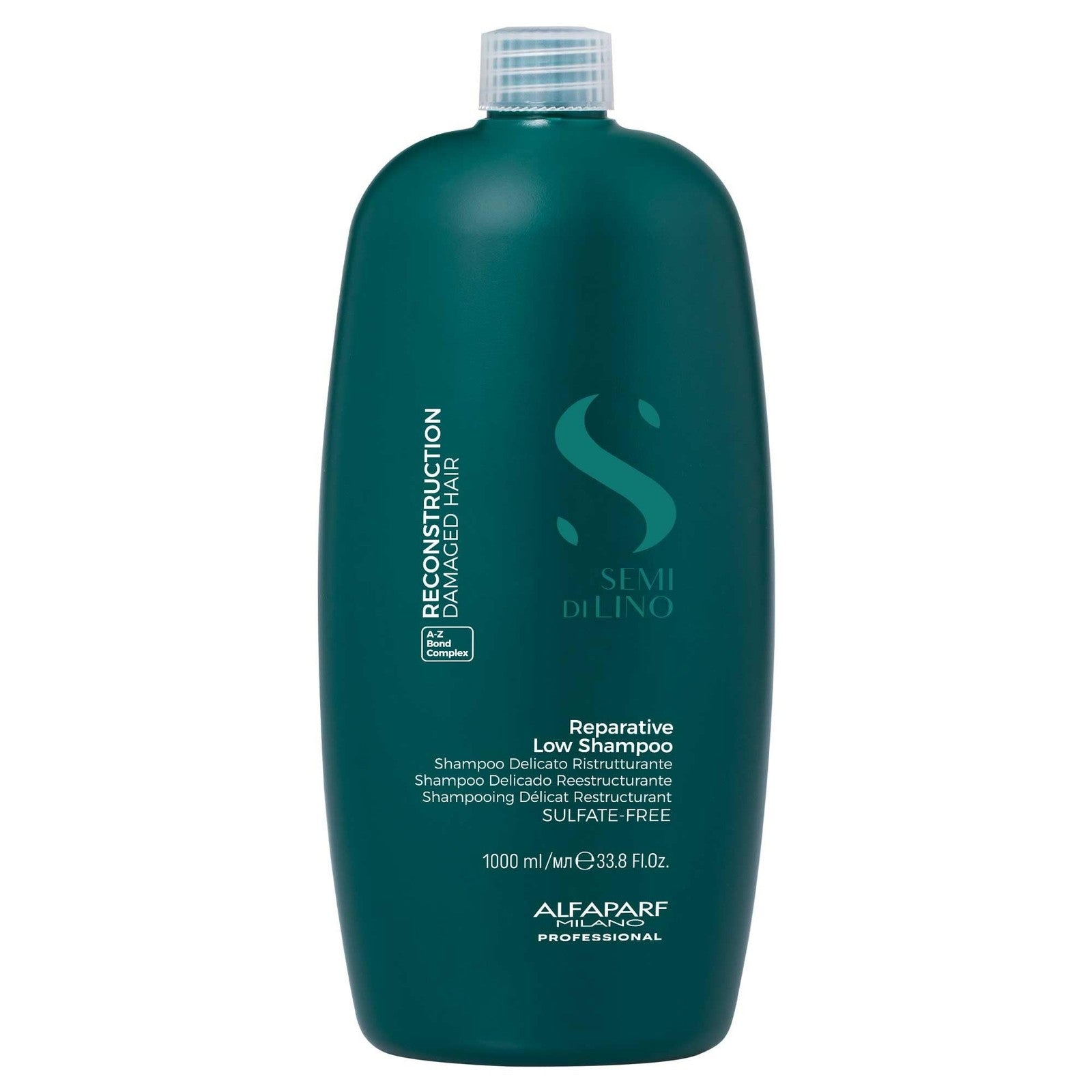 ALFAPARF MILANO Semi di Lino Reconstruction reparative sulfate-free shampoo bottle with white and gold packaging on a white background.